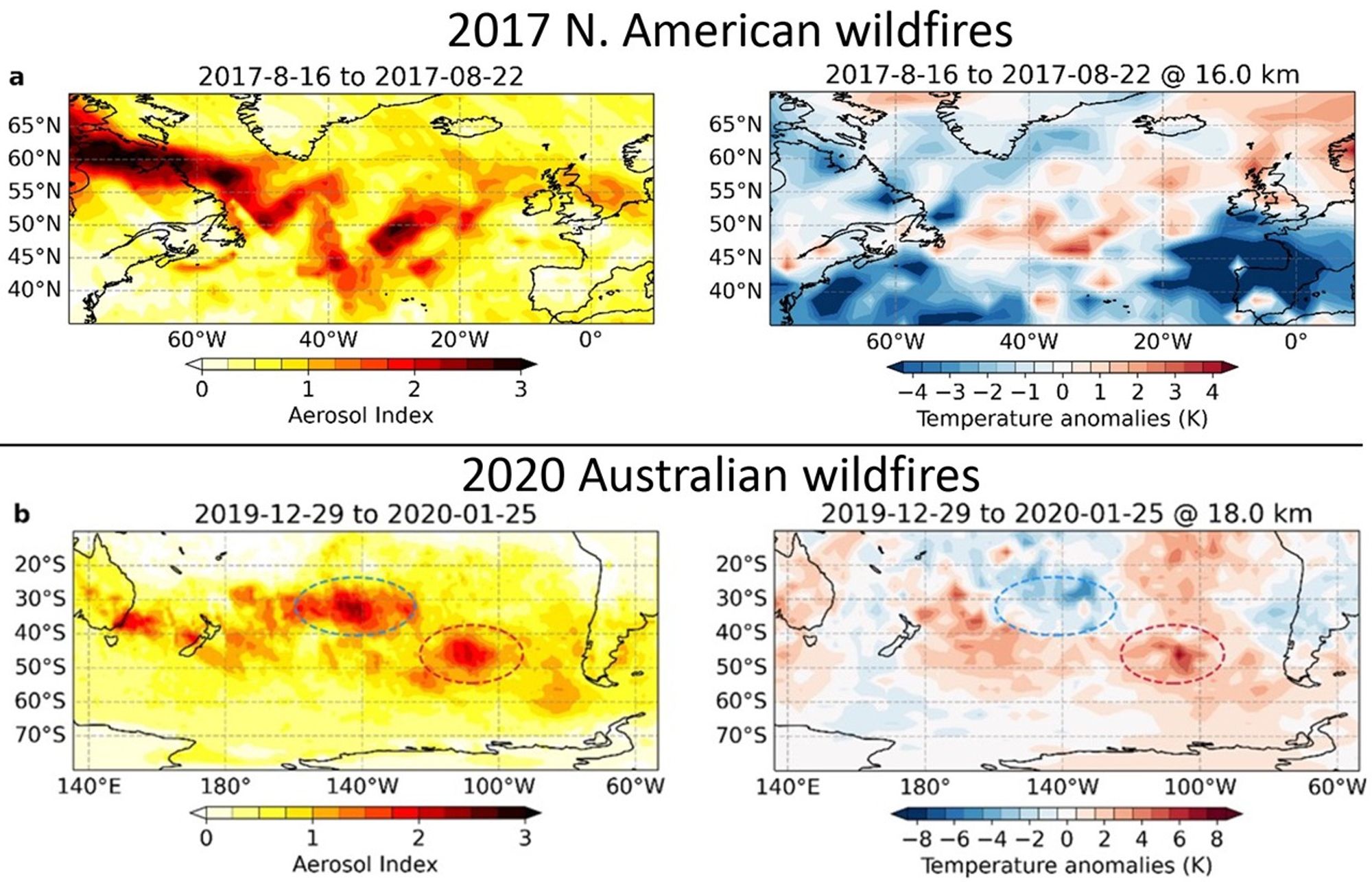 Regional temperature anomalies shortly after the wildfire events.