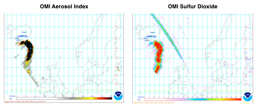 Aura OMI Eyjafjallajökull volcano, aerosol index and sulfur dioxide measurements