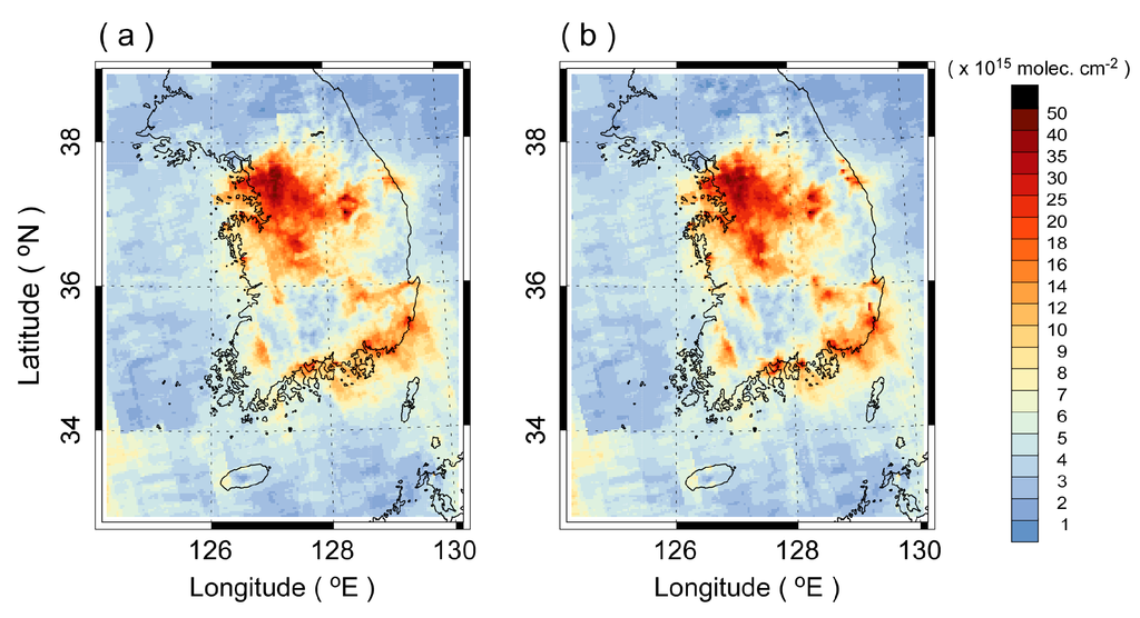 The spatial distributions of the fine-scale reconstructed OMI NO2 VCDs over South Korea