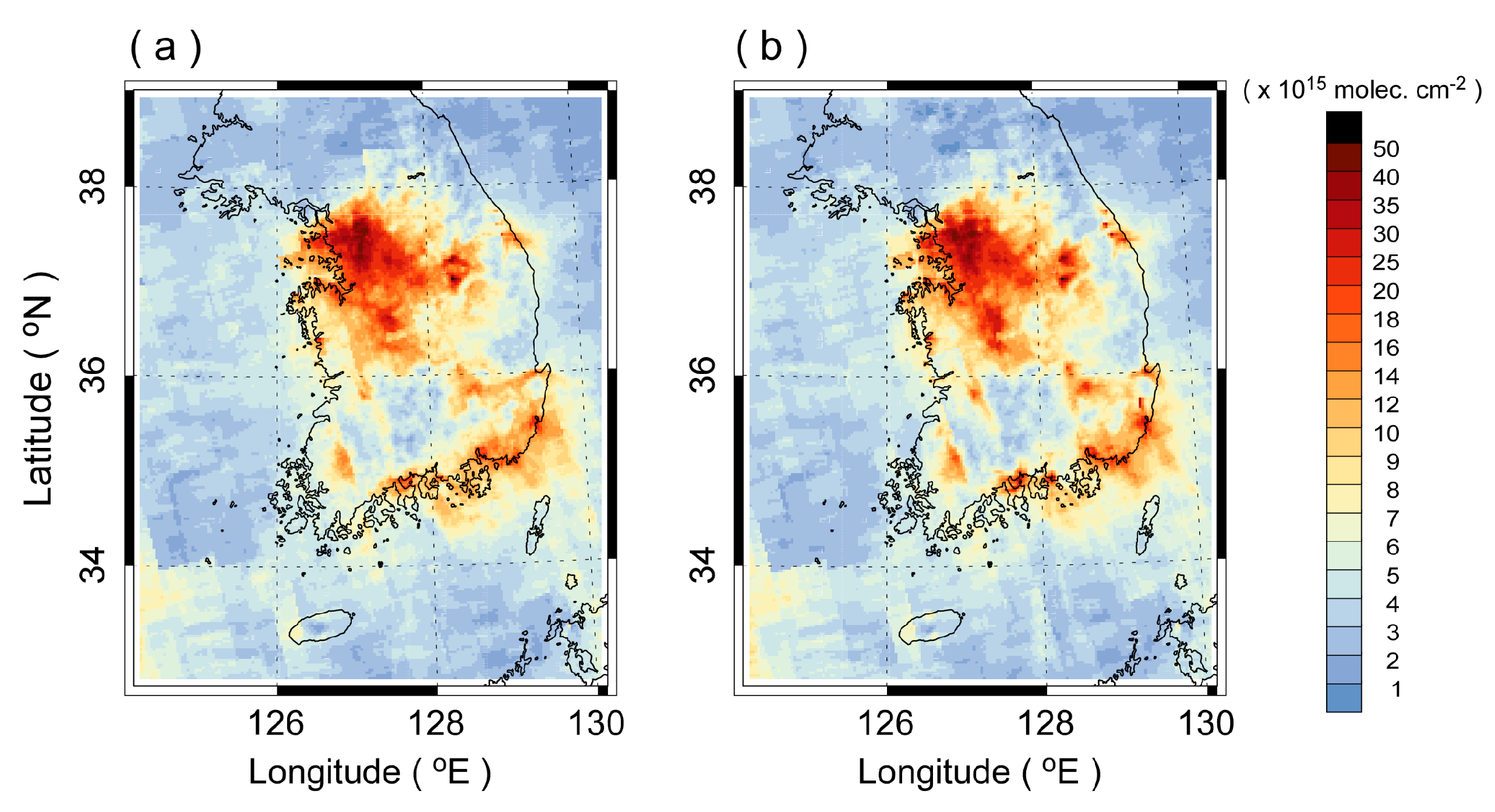The spatial distributions of the fine-scale reconstructed OMI NO2 VCDs over South Korea
