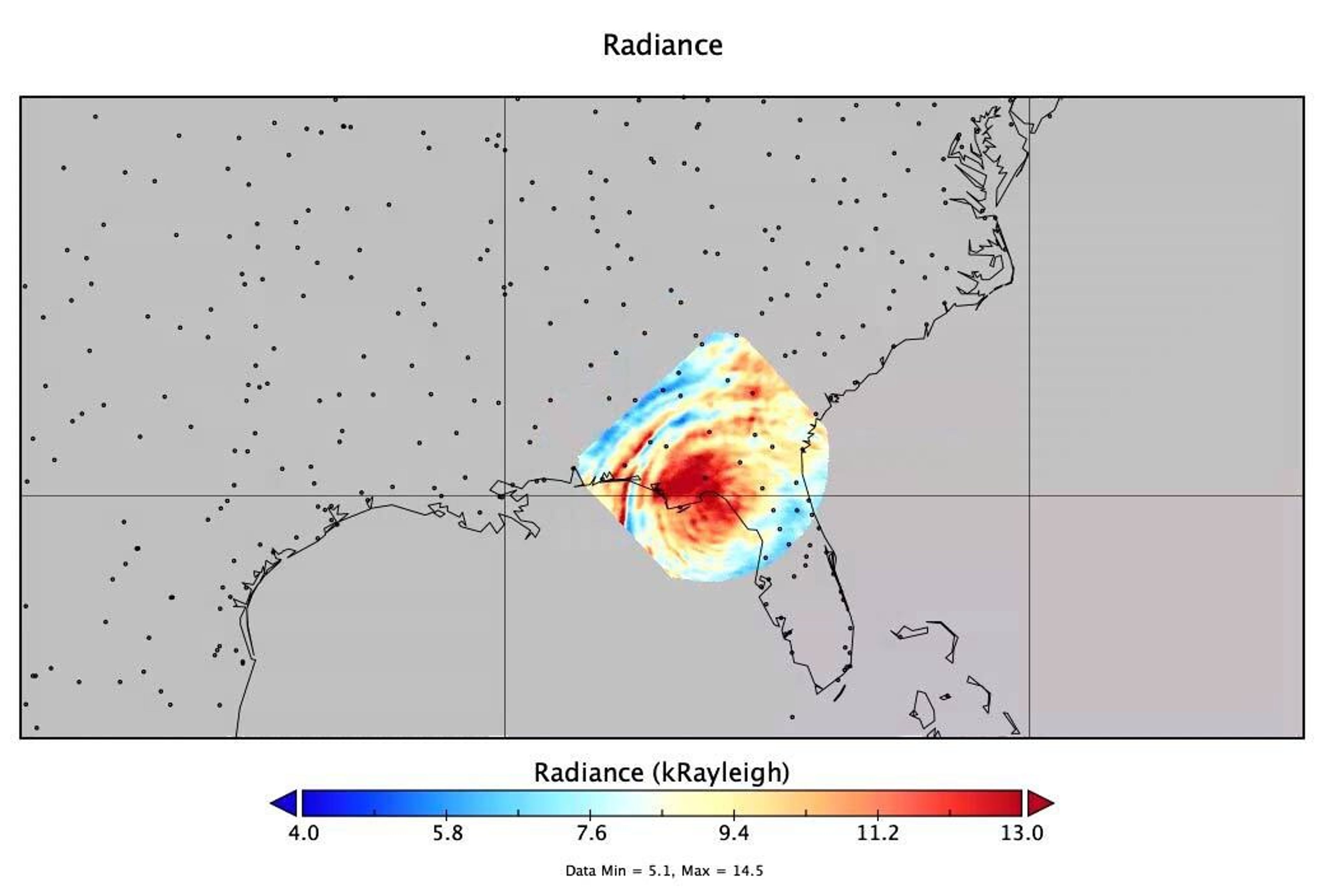 Against the outline of the southeastern United States, a circular shape moves from the center of the view (around Tennessee) to the southeast toward Florida. Inside the circular shape are bands of blues, yellows, and reds that change as the circle moves.