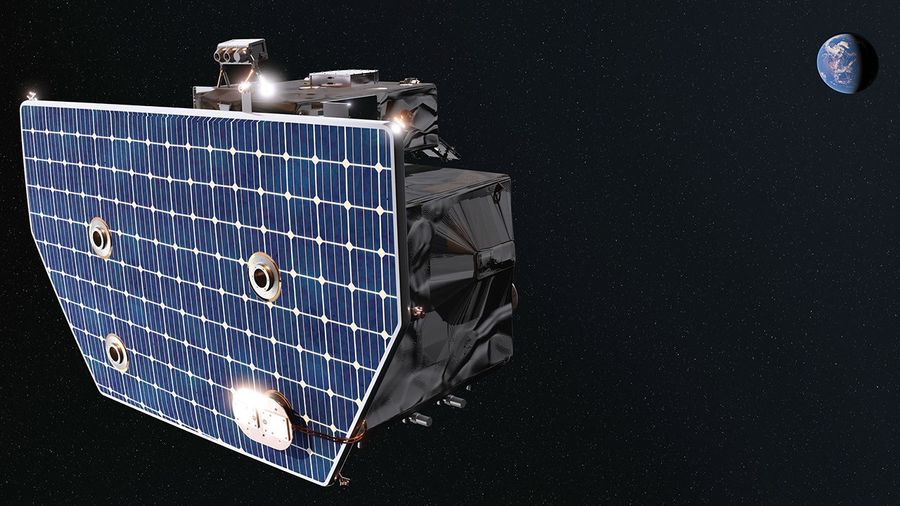 A spacecraft with a large solar panel floats in space with Earth visible in the background.