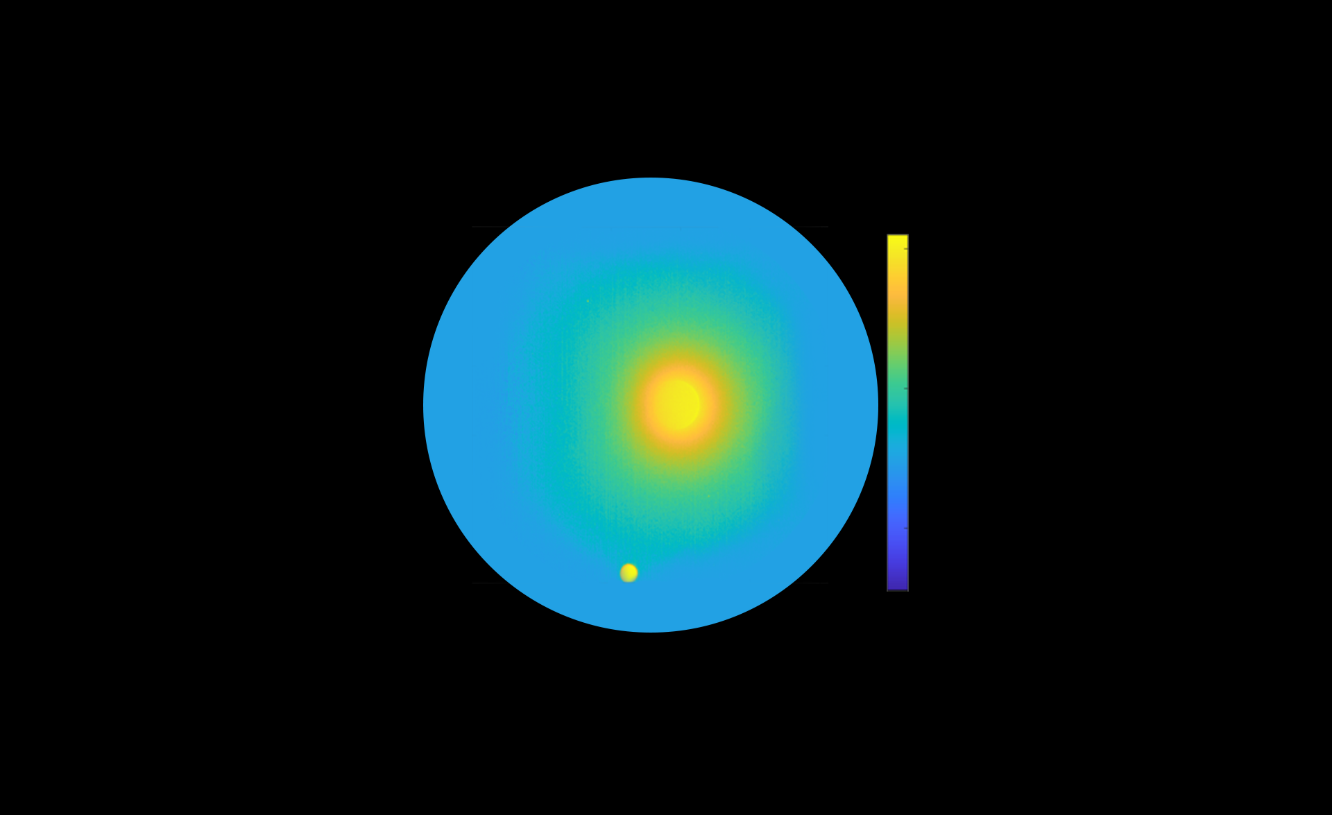 An interactive slider image allowing the user to swipe between two versions of an image, one with annotations and one without. The image shows a spacecraft’s view of Earth (at center) and the Moon (lower left) in ultraviolet light. The image includes a circular heatmap with a bright yellow center (Earth) fading to green and blue at the edges, showing Earth’s geocorona. A smaller bright spot appears near the bottom edge (the Moon). A vertical color bar labeled 