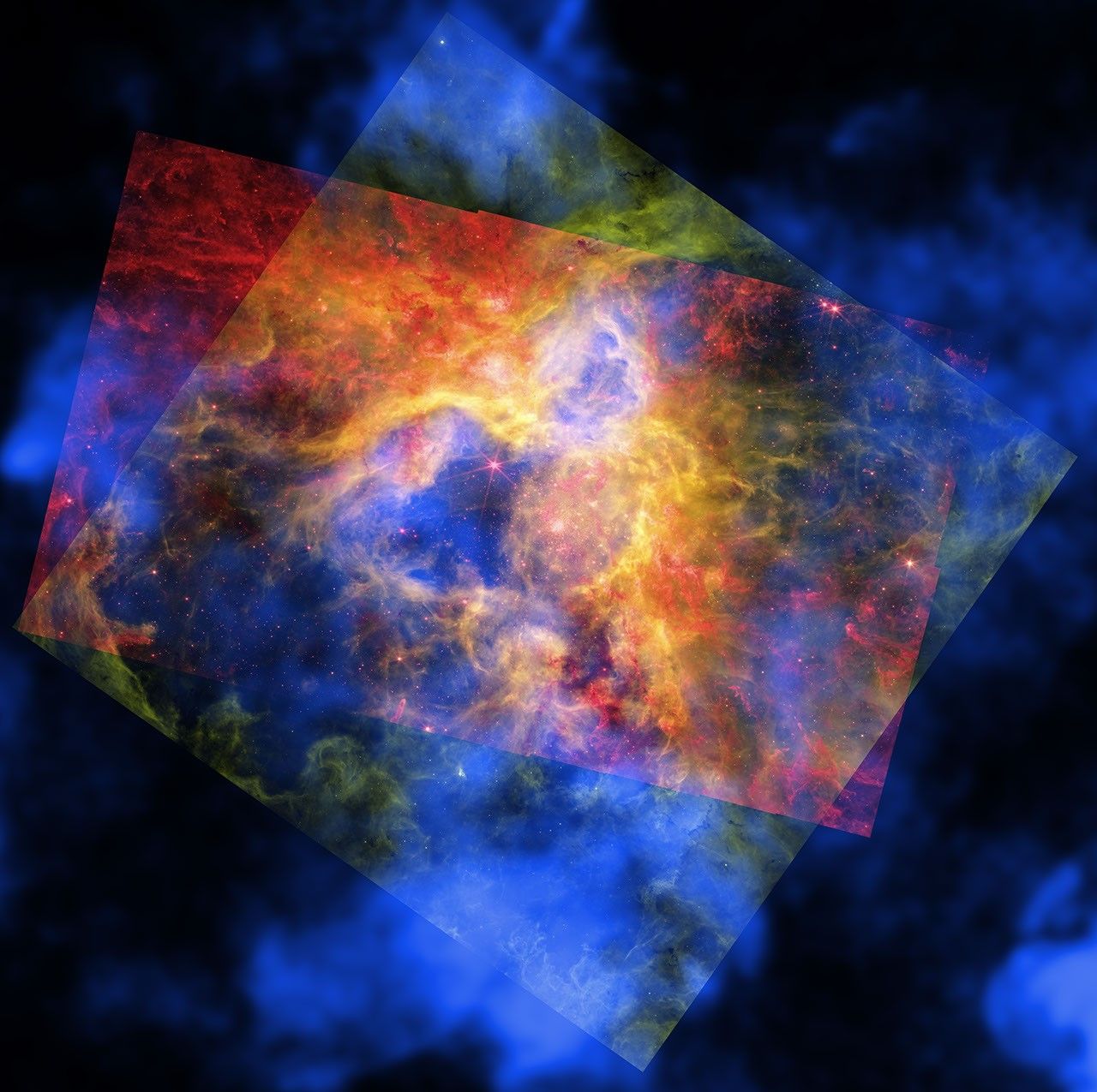 This multiwavelength image of the Tarantula Nebula, one of the brightest and largest regions of star formation to Earth, shows X-rays from Chandra that reveal gas that has been blown away in winds from the surfaces of young, massive stars and heated to millions of degrees by shock waves, like sonic booms from supersonic jets. The infrared data from Webb shows thousands of young stars, plus swaths of cool dust that will provide the ingredients to one day form new stars and planets. Hubble optical data uncovers hydrogen gas that is warmer than seen with Webb, as well as some individual stars through the nebula.