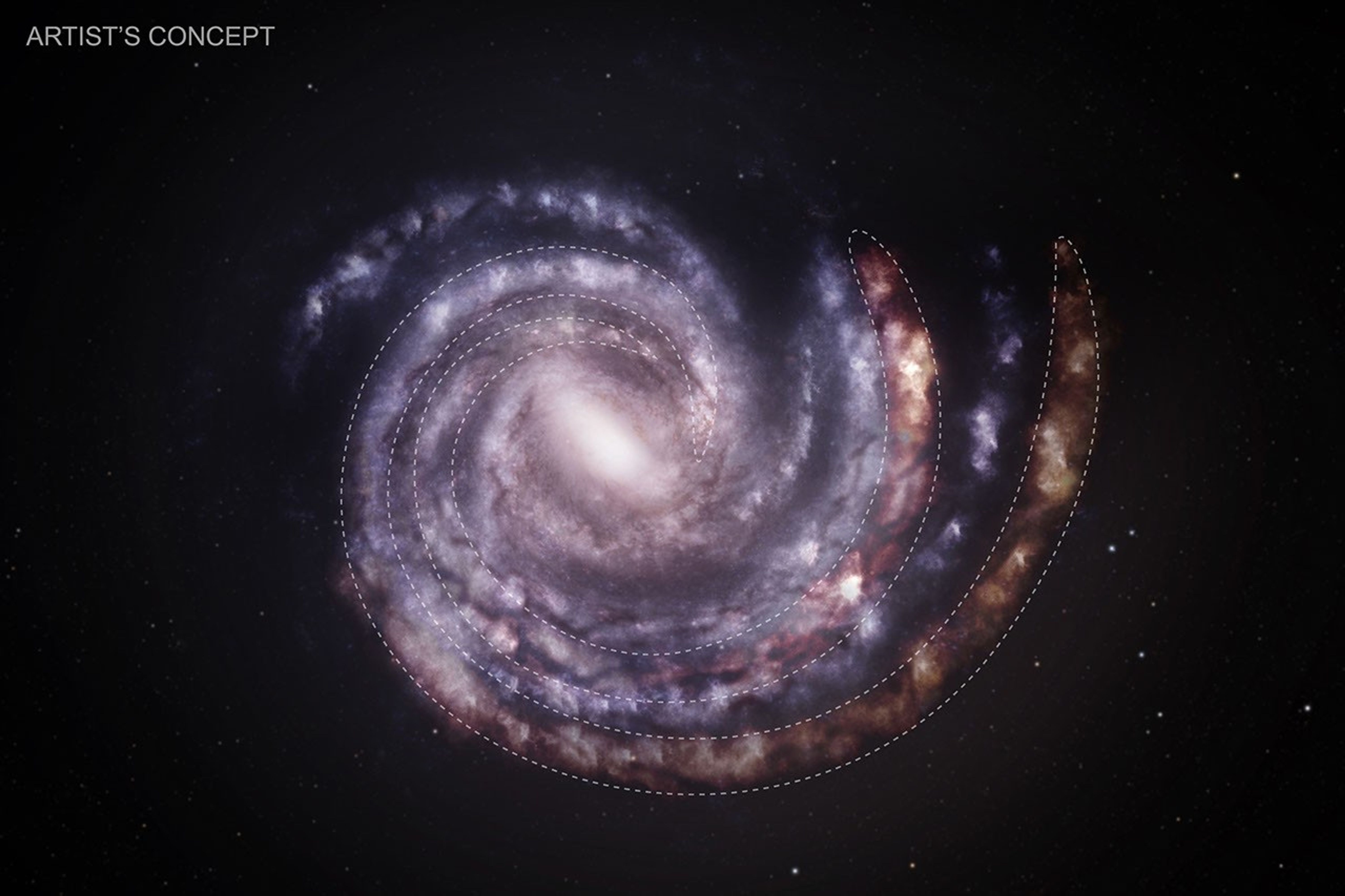 An artist’s concept showing the Milky Way galaxy as seen from above, with the estimated positions of spiral arms based on previous data, in blue. Overlaid on this is an updated view of the Milky Way showing different positions for the two outermost spiral arms, shown in red and bordered by dashed lines. Both arms may be more distant than previously thought, based on newly processed X-ray data from Chandra and XMM.