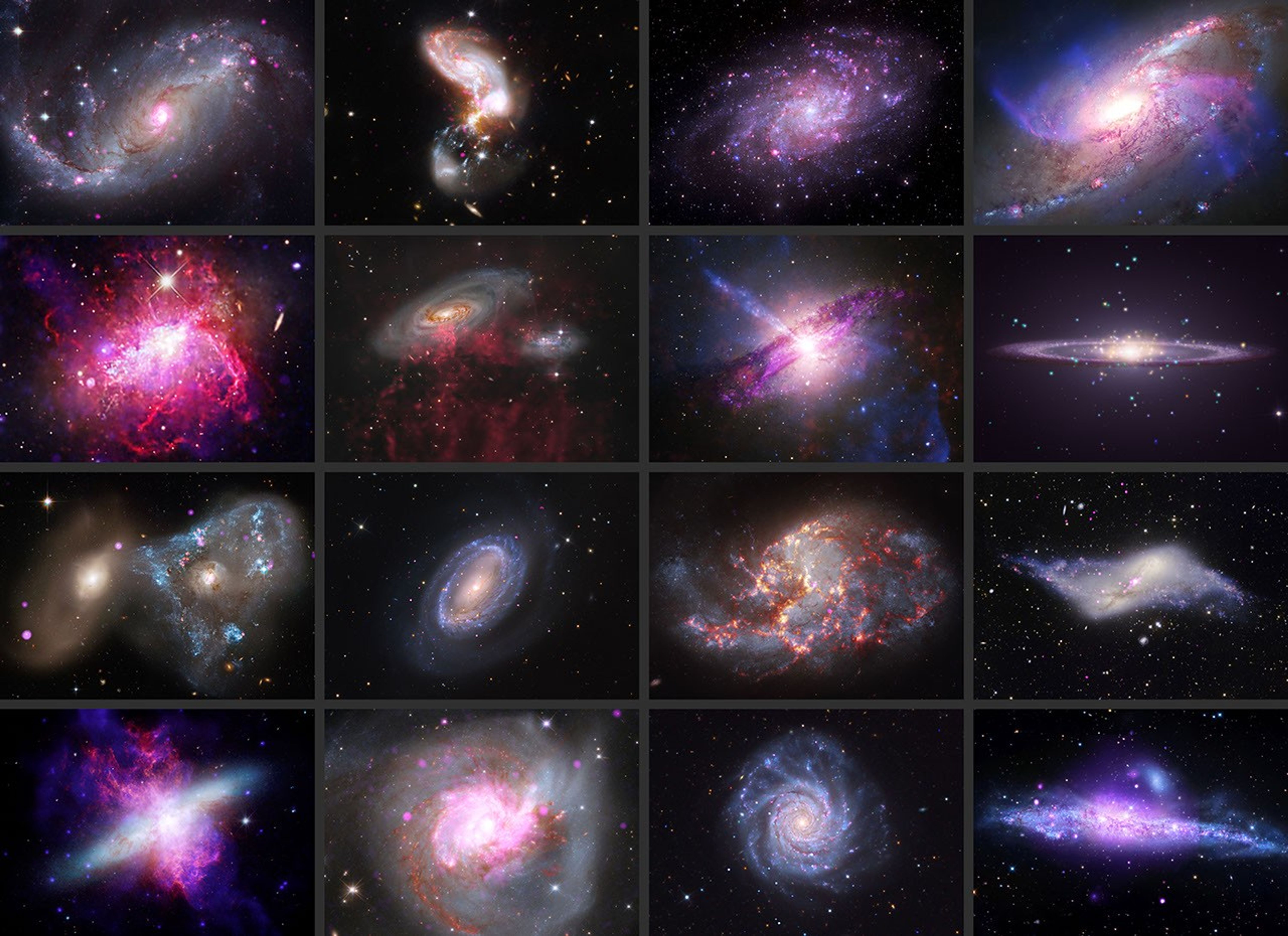 This gallery displays a collection of 16 galactic images from Chandra and other telescopes. Astronomers put galaxies into three main categories: spirals like our own Milky Way, ellipticals that are older and likely the results of mergers, and irregulars that can encompass a wide range of galactic phenomena. All types are represented in this collection. Each galactic image contains X-ray data from Chandra combined with data from telescopes such as NASA’s Webb, Hubble, IXPE, Swift, and NuSTAR, and others both in space and on the ground.