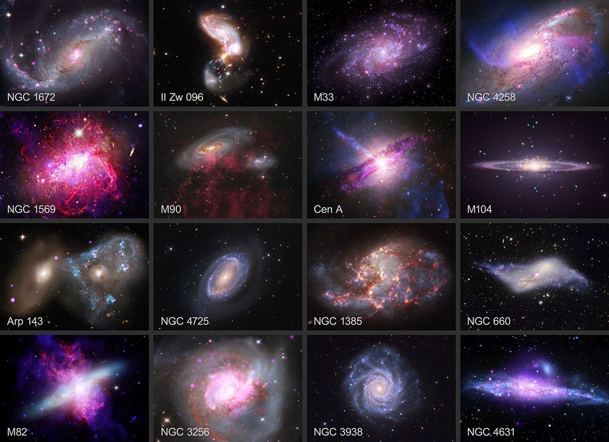 This gallery displays a collection of 16 galactic images from Chandra and other telescopes. Astronomers put galaxies into three main categories: spirals like our own Milky Way, ellipticals that are older and likely the results of mergers, and irregulars that can encompass a wide range of galactic phenomena. All types are represented in this collection. Each galactic image contains X-ray data from Chandra combined with data from telescopes such as NASA’s Webb, Hubble, IXPE, Swift, and NuSTAR, and others both in space and on the ground.
