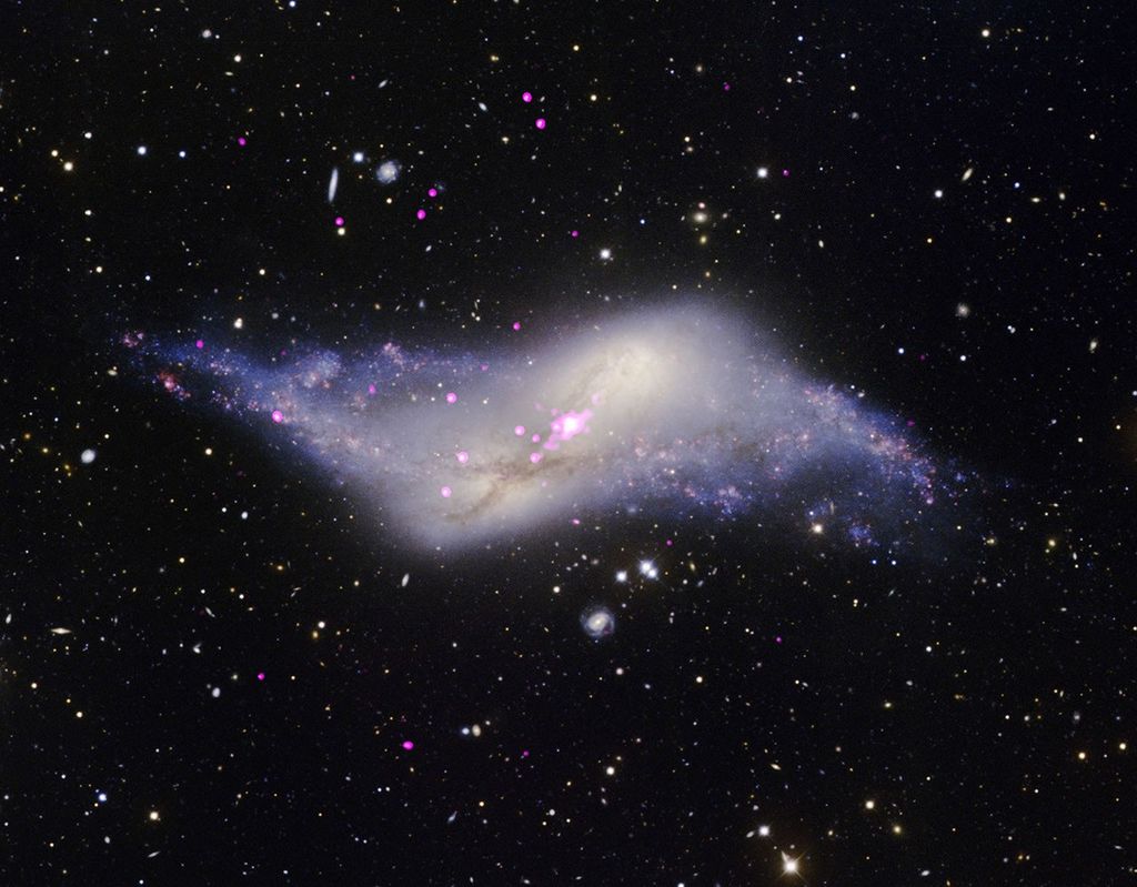 A rare "polar ring" galaxy where a tilted outer ring of stars and dust rotates over the galaxy's poles, an unusual structure likely caused by a collision with another galaxy about a billion years ago. Chandra’s X-rays (purple) reveal a possible growing supermassive black hole in the center of the galaxy, plus X-ray binaries nestled within the stars and dust captured by the Gemini Observatory in optical light (gold, blue and white). Studying polar rings teaches us about the diverse effects of stellar collisions on the shapes of galaxies.