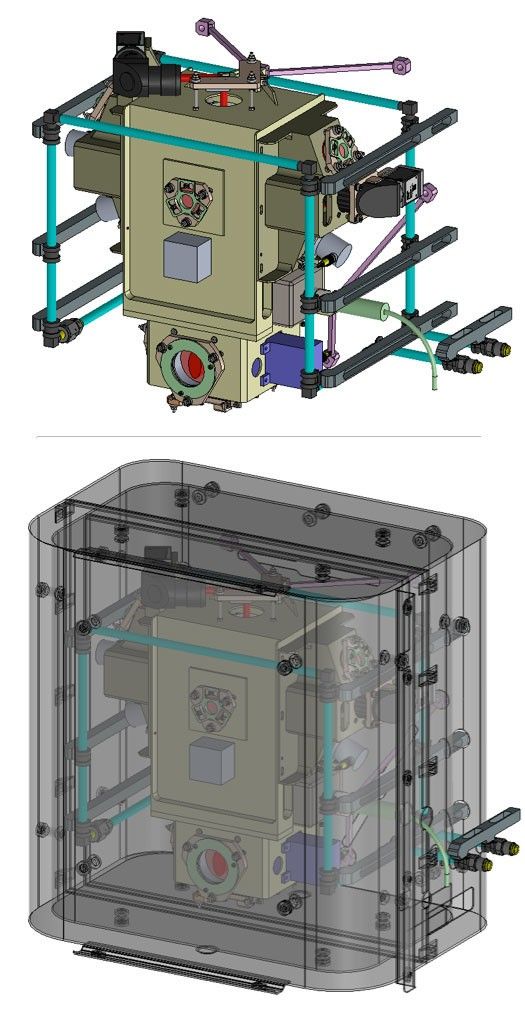 A two-panel engineering diagram showing a complex scientific instrument. The top panel displays the instrument in an exposed view, revealing its central beige-colored body surrounded by a framework of gray struts and teal-colored rods. Various connectors, optical apertures (red circles), and smaller components are visible on its surfaces. The bottom panel shows the same instrument enclosed within a transparent, rounded, rectangular casing, indicating its protective housing. The internal framework and components are still visible through the translucent casing.