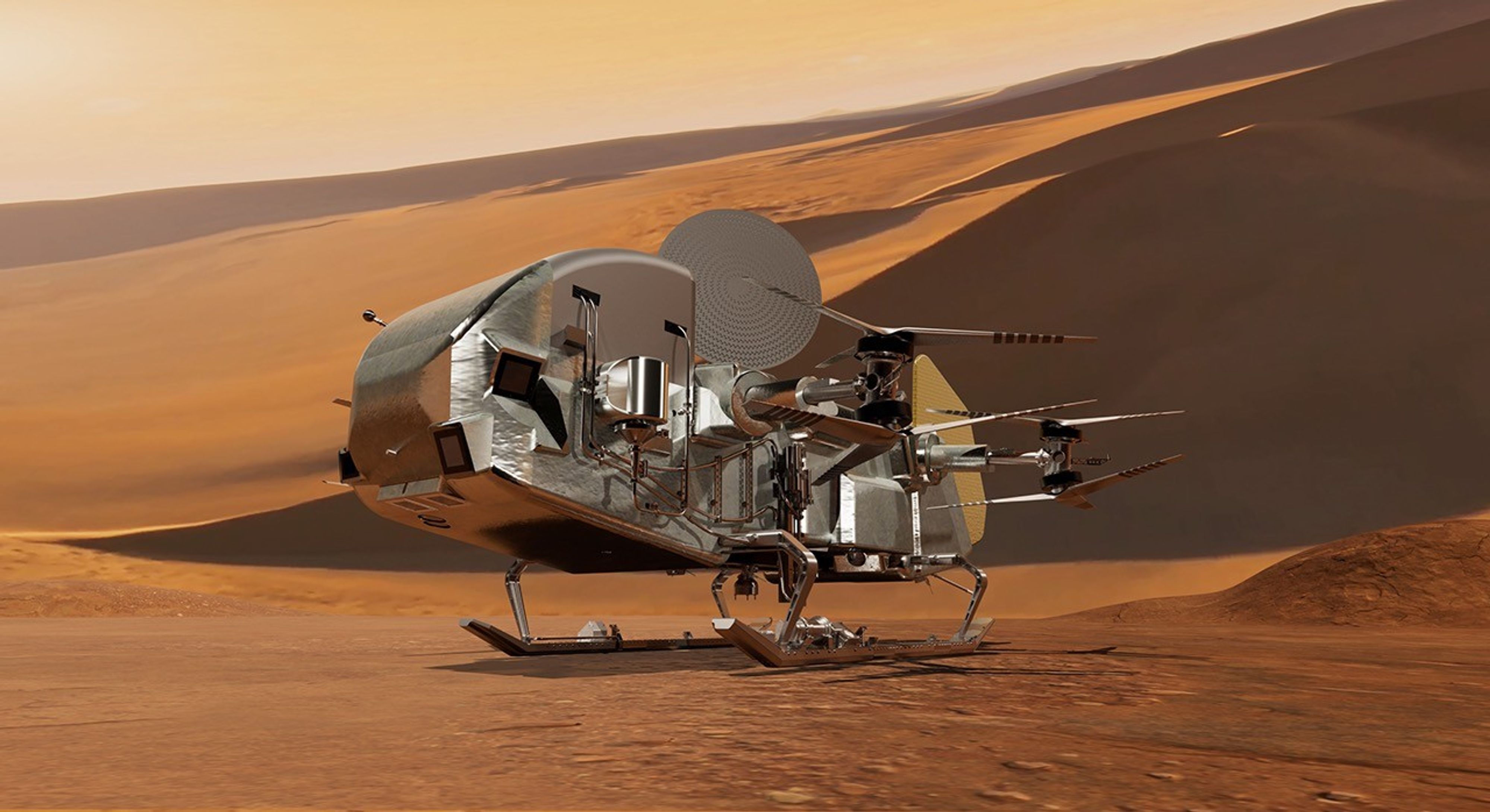 Illustration of NASA's Dragonfly rotorcraft lander on the surface of Saturn's moon Titan, with its dual rotors and scientific instruments visible against a hazy orange landscape.