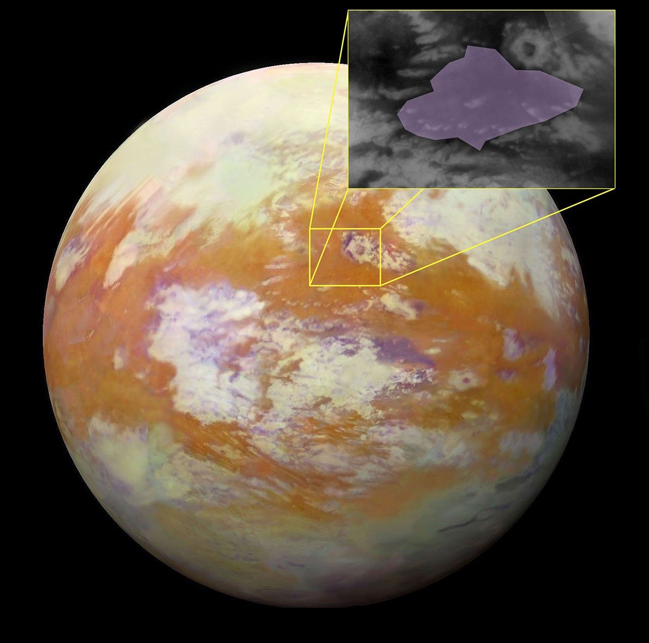 A global view of Saturn’s moon Titan combined with a close-up view of an area of its surface.