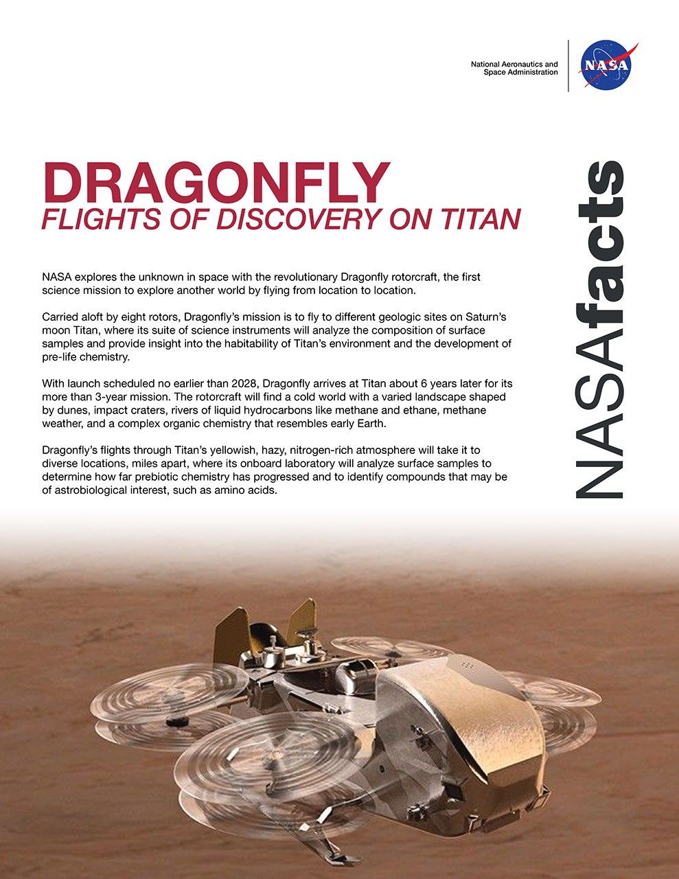 First page of Dragonfly mission fact sheet with text block and illustration of rotorcraft in motion on lower half of the page.