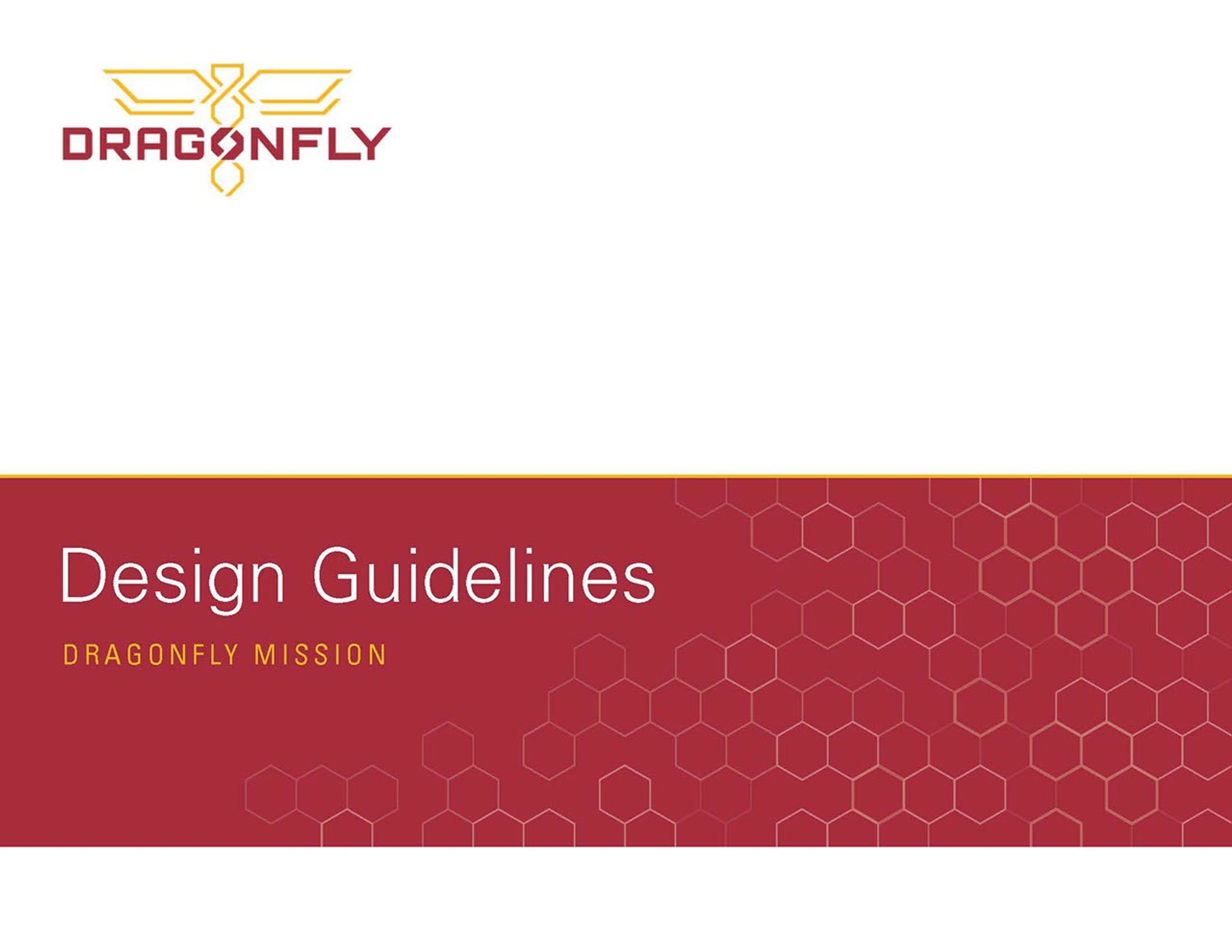 Cover to Dragonfly Mission Design Guidelines with logo at top left on white background and scarlet color block along bottom third with title text overlay