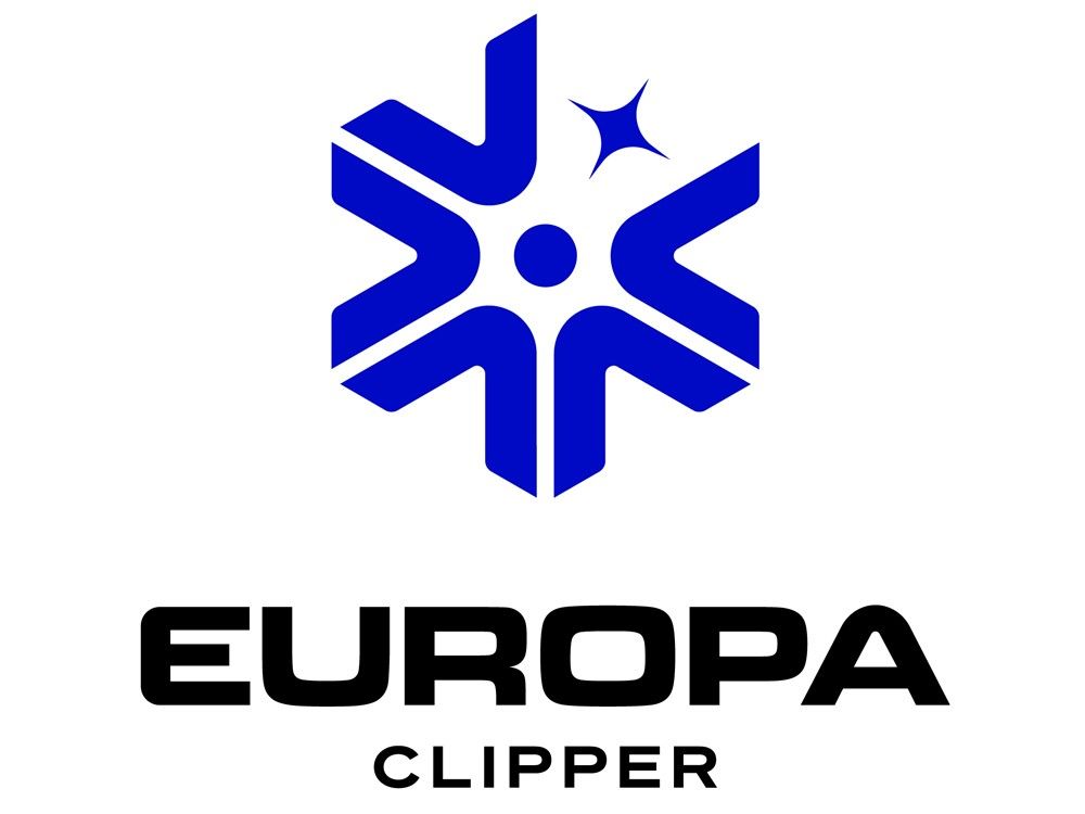 The image shows Europa Clipper's mission identifier. the symbol representing the mission is composed of a small circle with five "v" shaped arrows pointing towards the circle. On the top right, where one of the "v" shaped arrows would be, a four pointed star is located. Together, these form a hexagon shape. The name "Europa Clipper" is to the right of the shape.