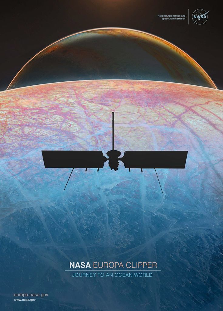 illustrated poster of the Europa Clipper spacecraft silhouetted above Europa with Jupiter in the background