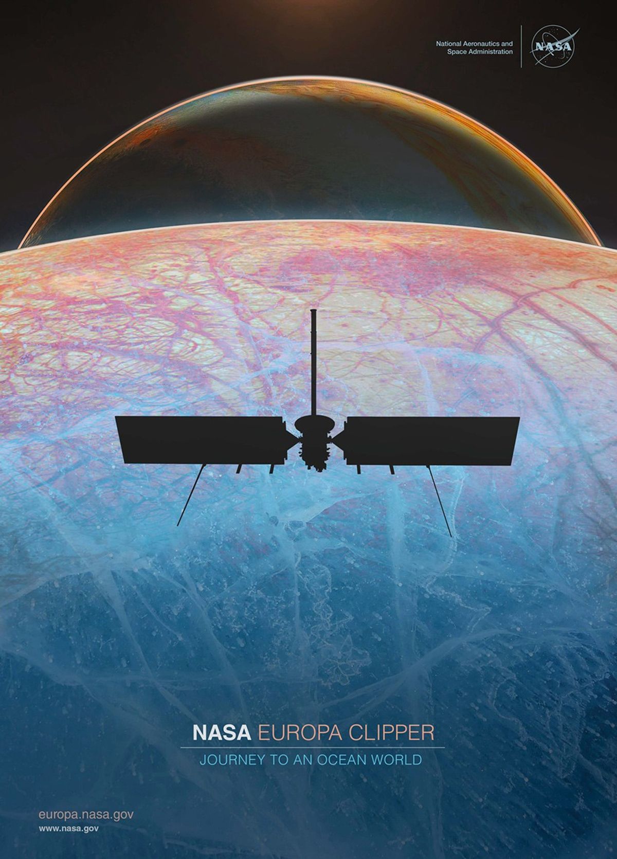 illustrated poster of the Europa Clipper spacecraft silhouetted above Europa with Jupiter in the background