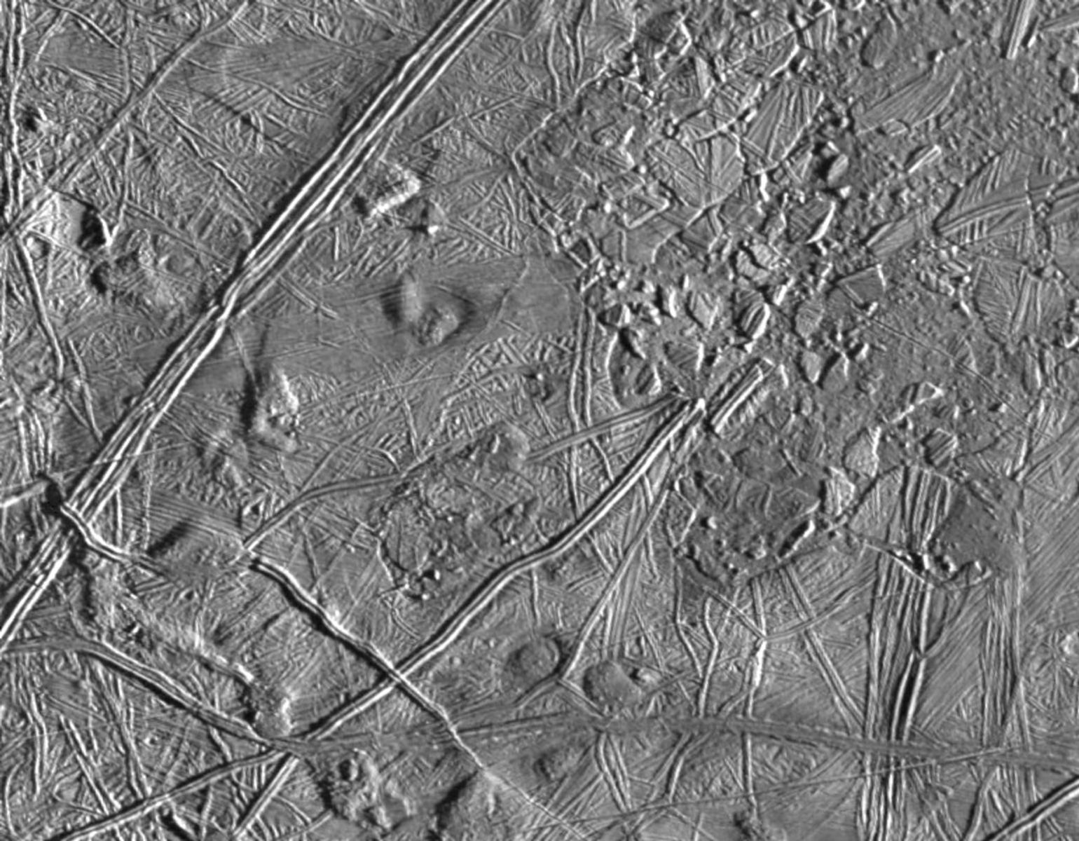 black and white view of complex terrain on an icy surface