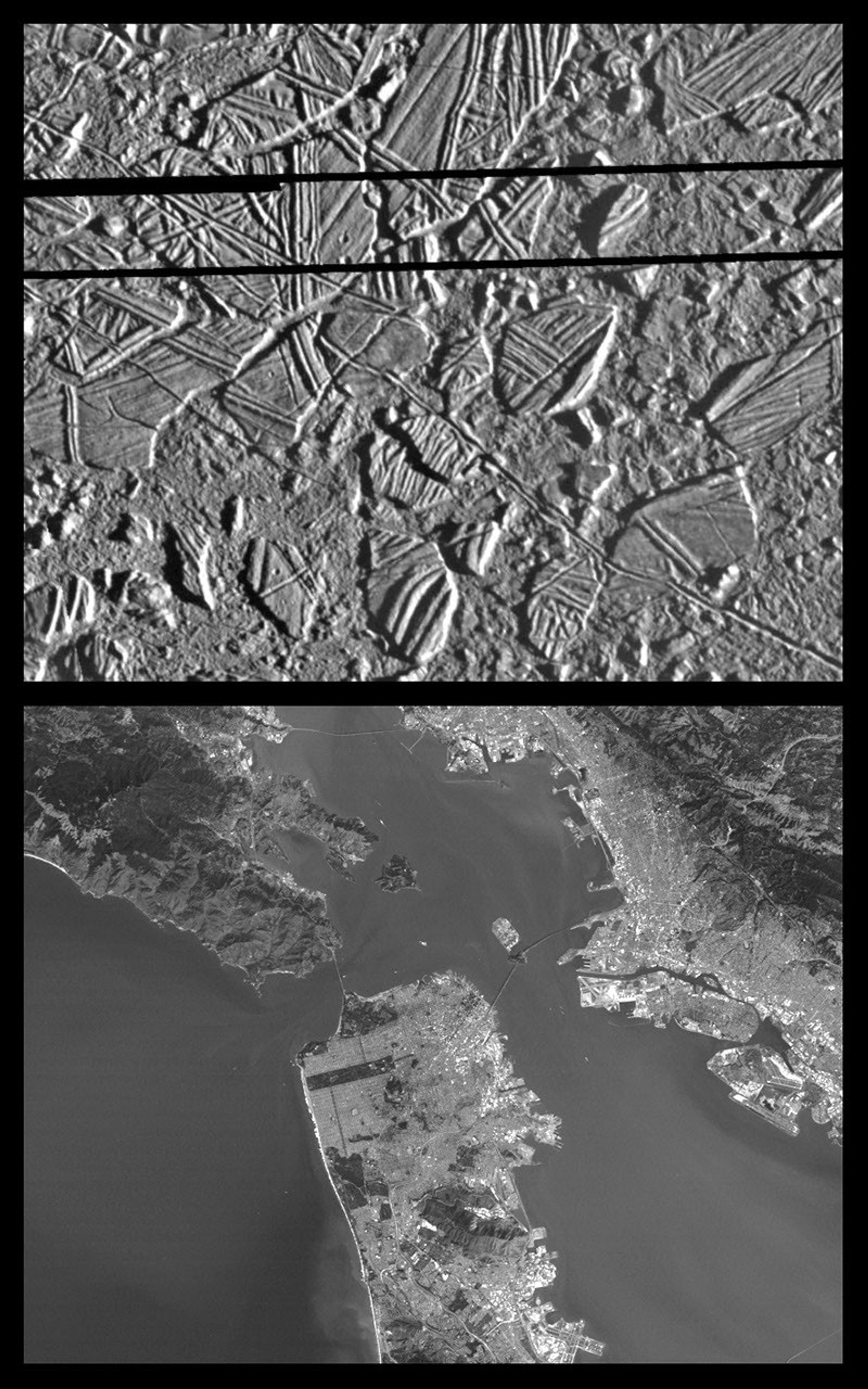 Series of images showing scale of Jupiter's moon Europa to the San Franscisco Bay Area.