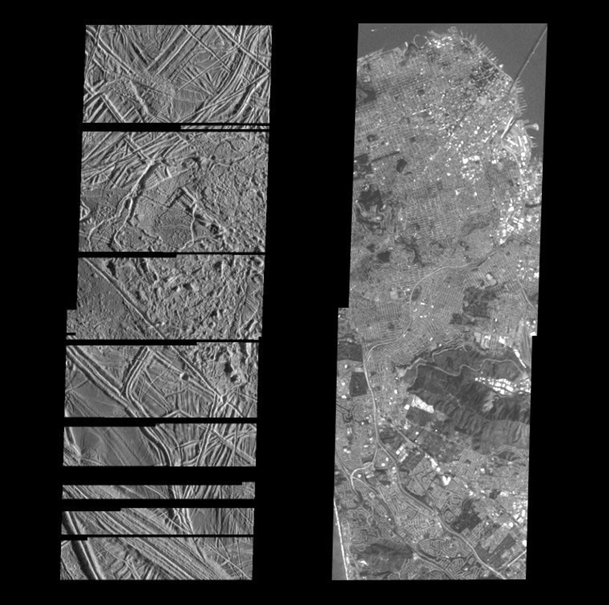 Series of images showing scale of Jupiter's moon Europa to the San Franscisco Bay Area.