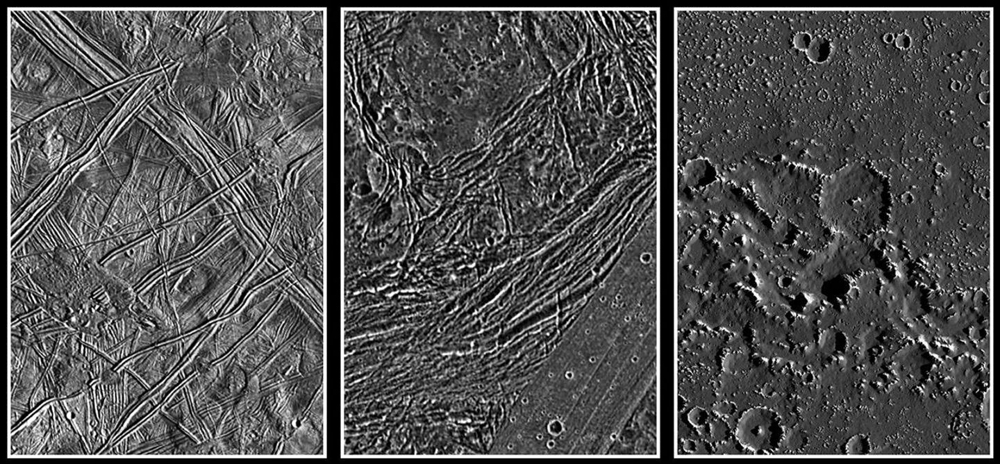 three black and white views of the rugged, icy surfaces of three moons