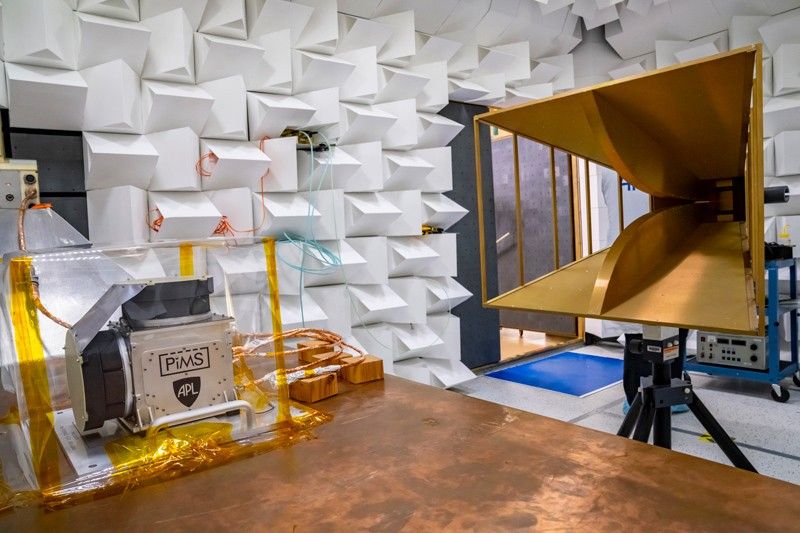 A plasma instrument sensor assembly is subjected to a simulated electromagnetic interference environment.