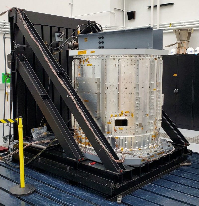 The Propulsion Module Development Test Model lower cylinder section undergoes a static load test in a cleanroom at the Johns Hopkins Applied Physics Laboratory (APL) in Laurel, Maryland.