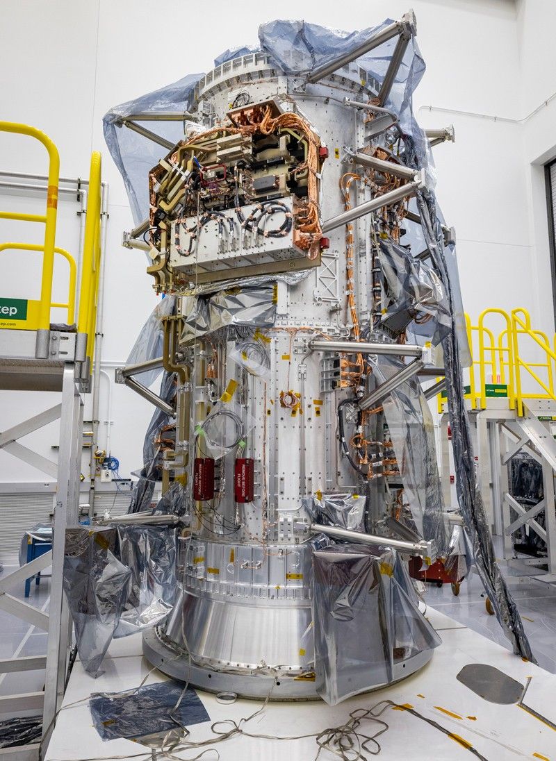 Image showing the radio frequency module installed on the top of the spacecraft's propulsion module.