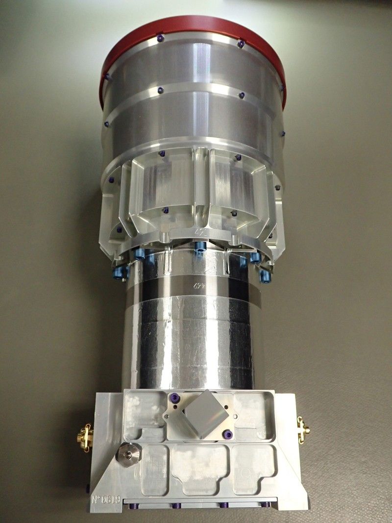 The optical head for Europa Clipper’s stellar reference unit, or star tracker, in a clean room at NASA’s Jet Propulsion Laboratory.