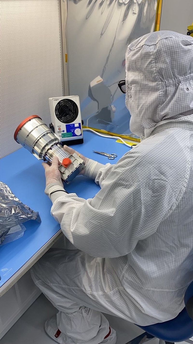 One of Europa Clipper’s star tracker optical heads in a JPL clean room for testing in October 2021. After the spacecraft’s launch in October 2024, the star tracker will autonomously identify stars to determine Europa Clipper’s orientation in space. The device is essential for precisely pointing the spacecraft’s science instruments and communication antennas.
