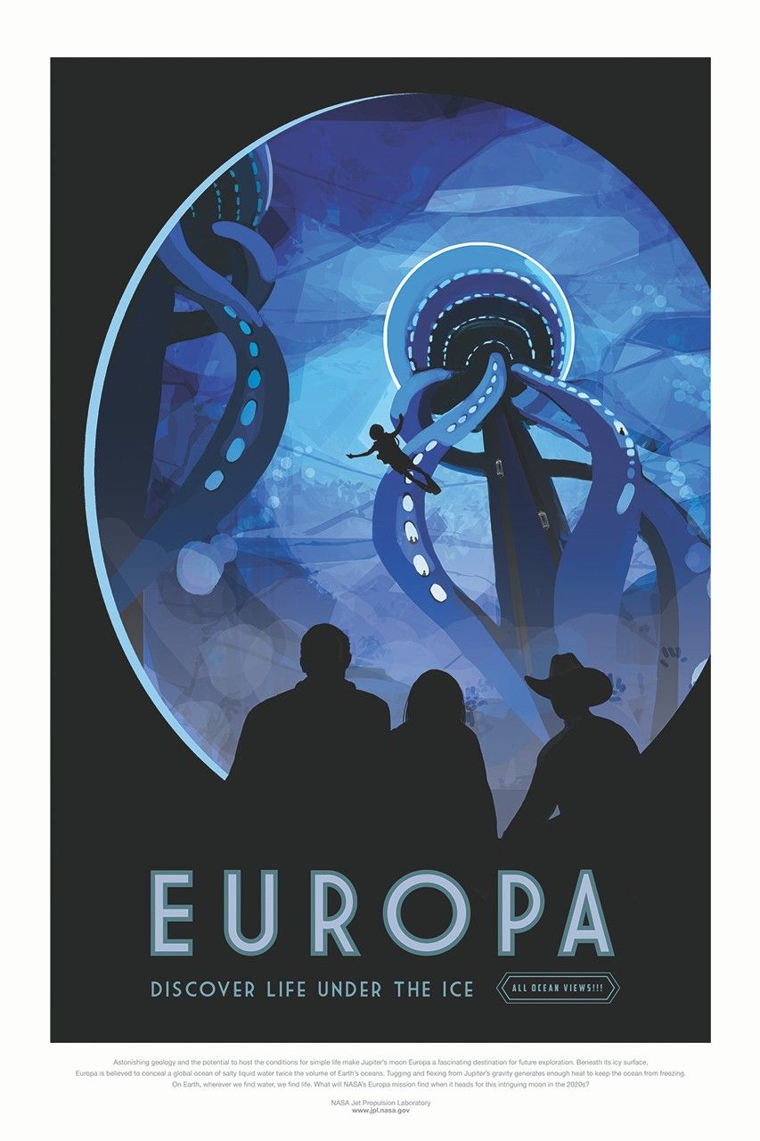 Colorful travel poster showing tourists looking up through a futuristic city in the ocean on icy moon Europa.