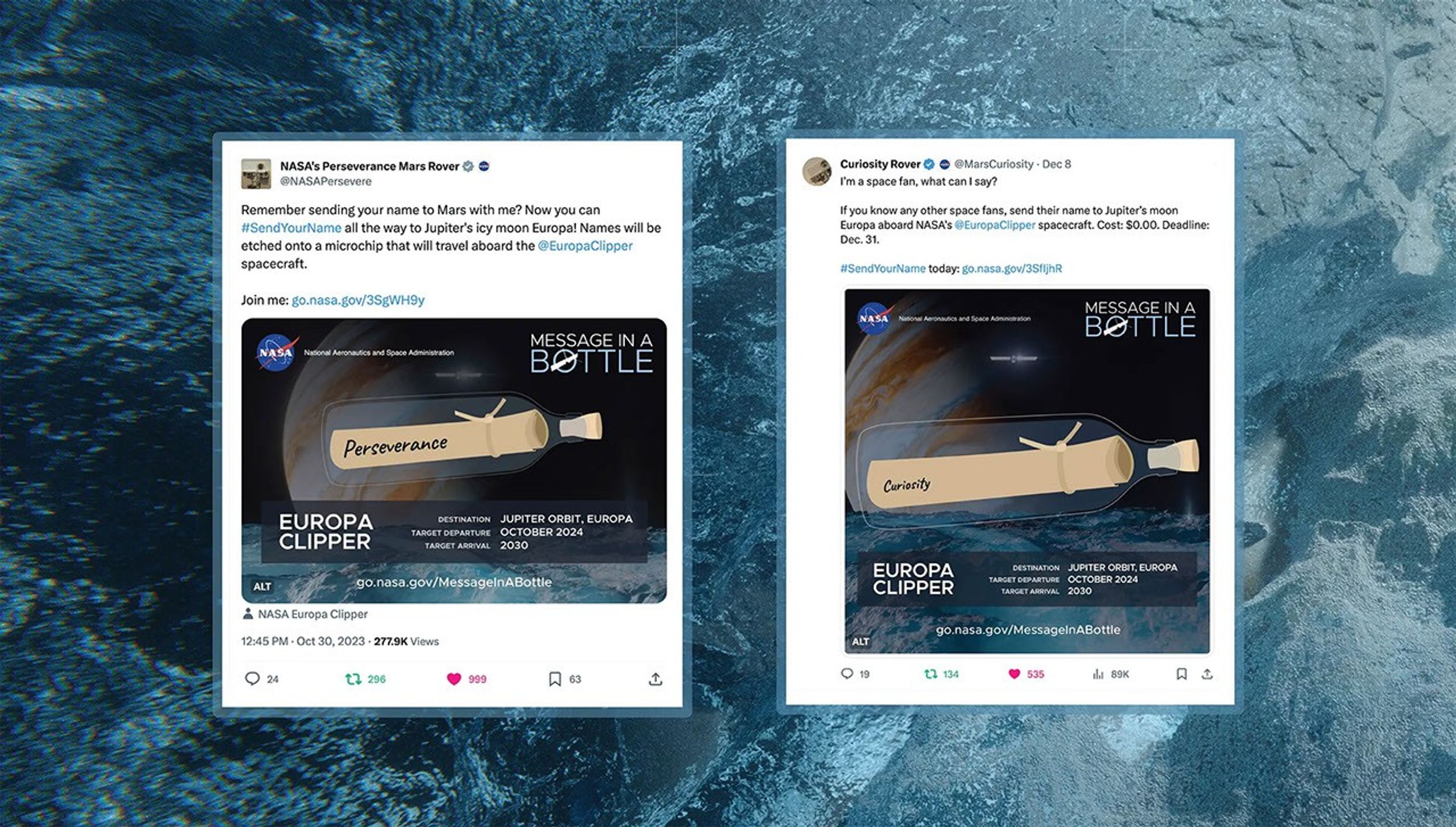 A blue, watery image background with two social media posts on top.