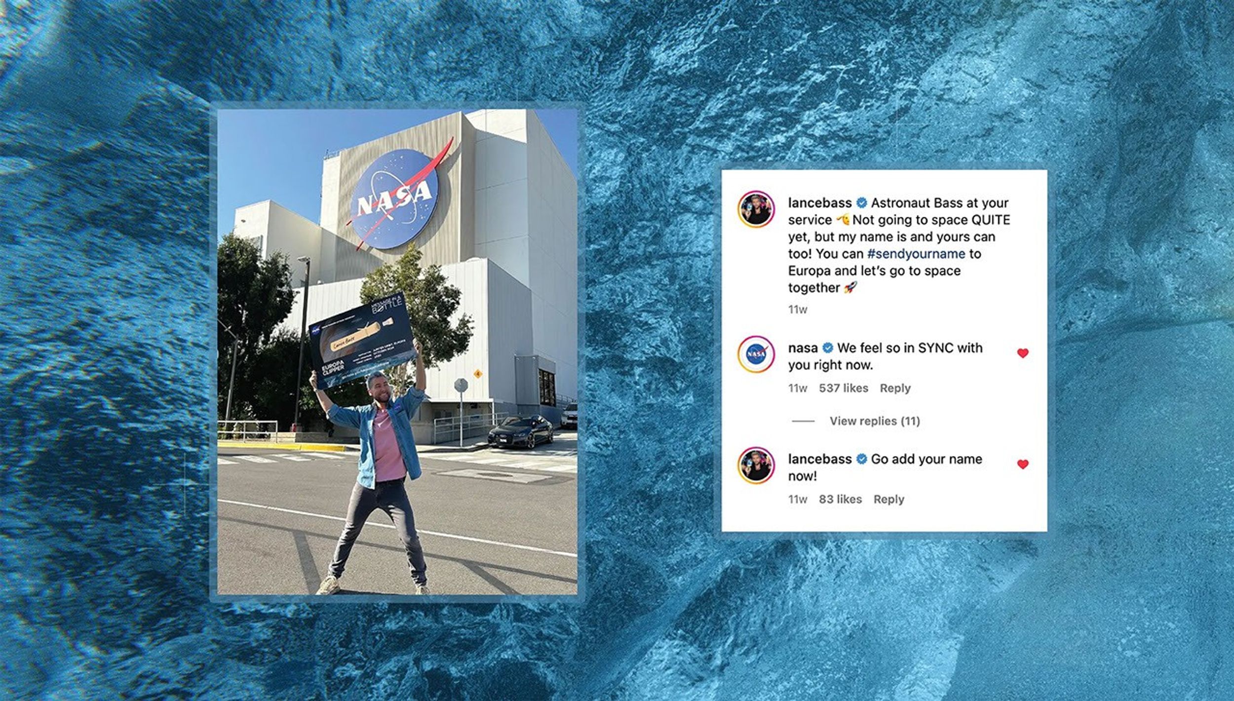 Lance Bass holds up Message in a Bottle Sign.
