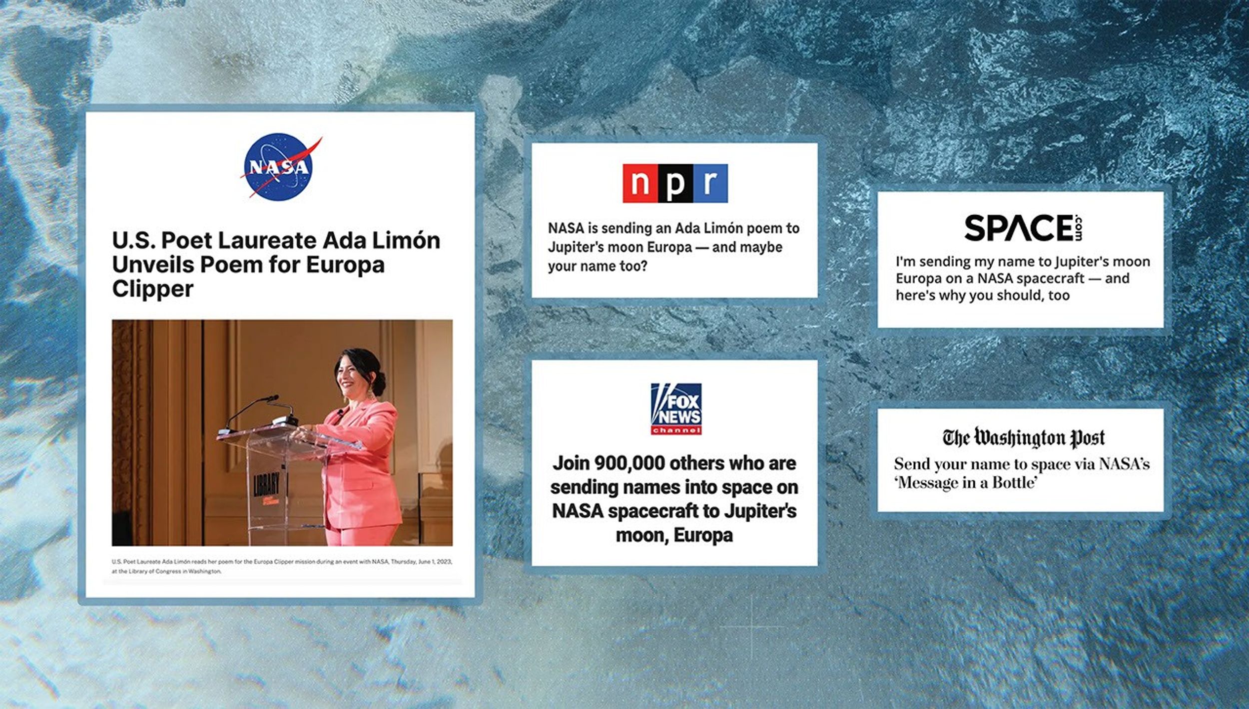A blue, watery image background with samples of media posts and an image of Ada Limon.