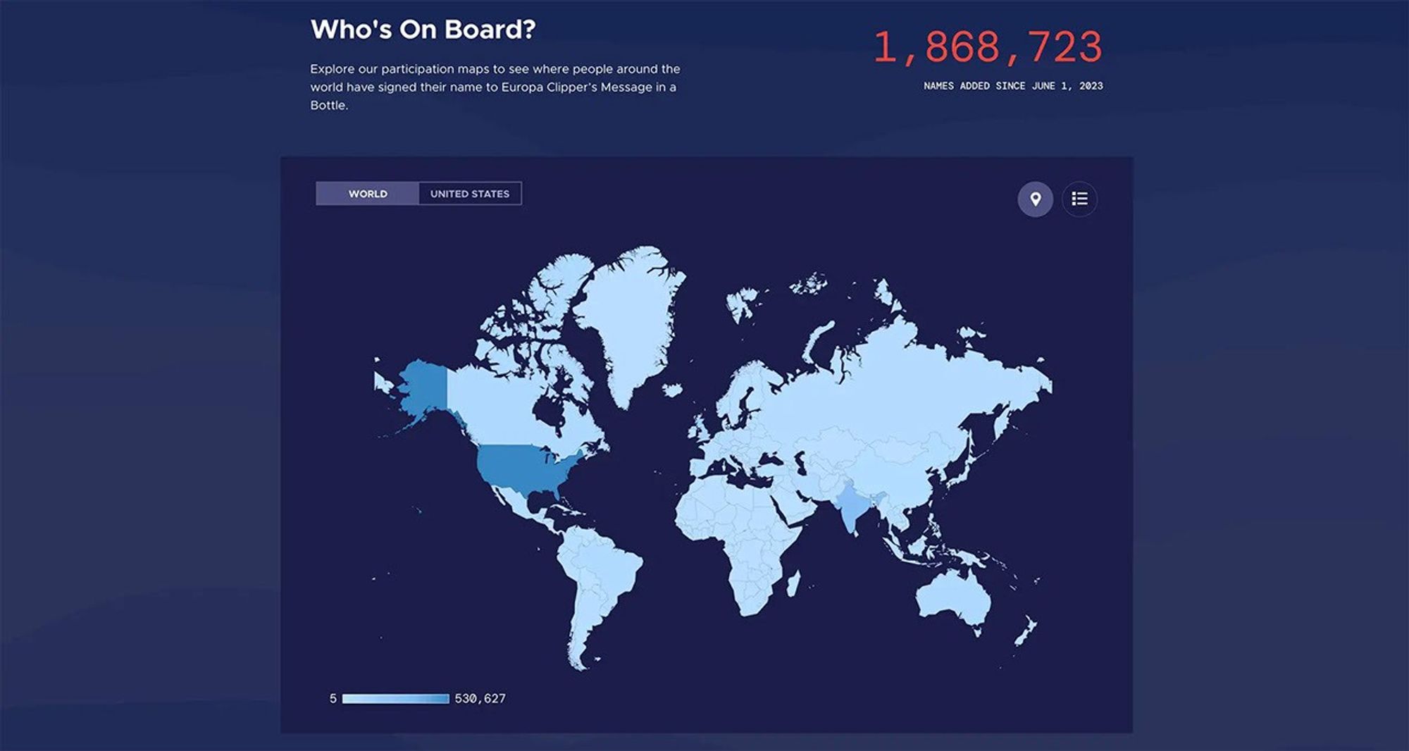A blue map showing where people lived who had signed up to send their name to Europa.