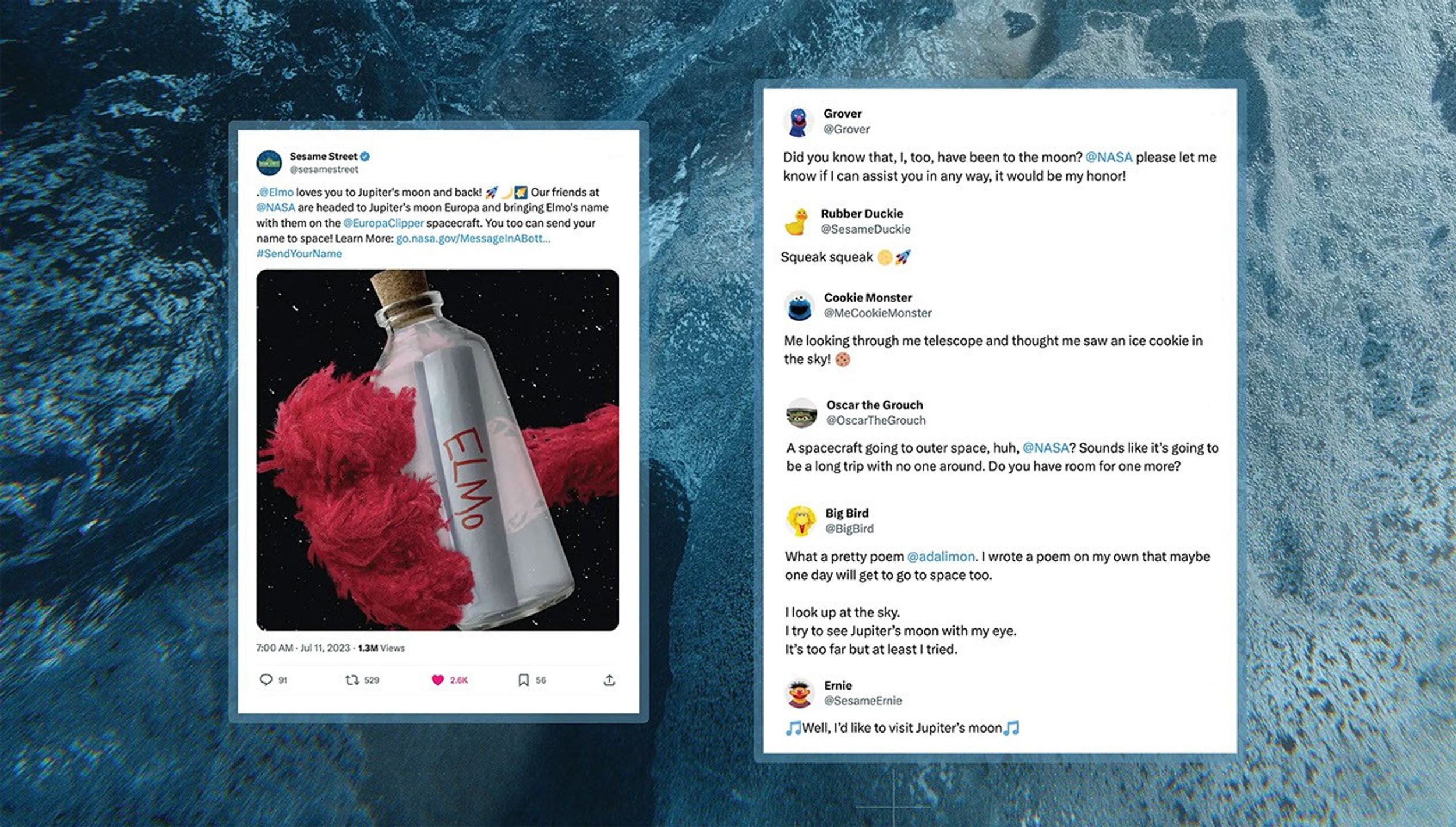 A blue, watery image background with two social media posts from Sesame Street.