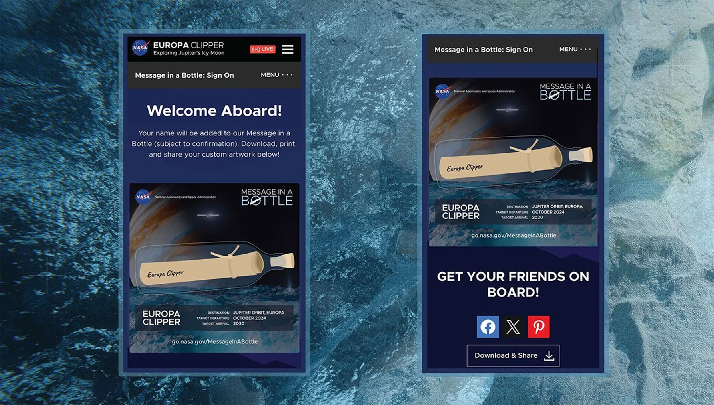 Two images showing what readers saw when they signed up for the Message in a Bottle Campaign.