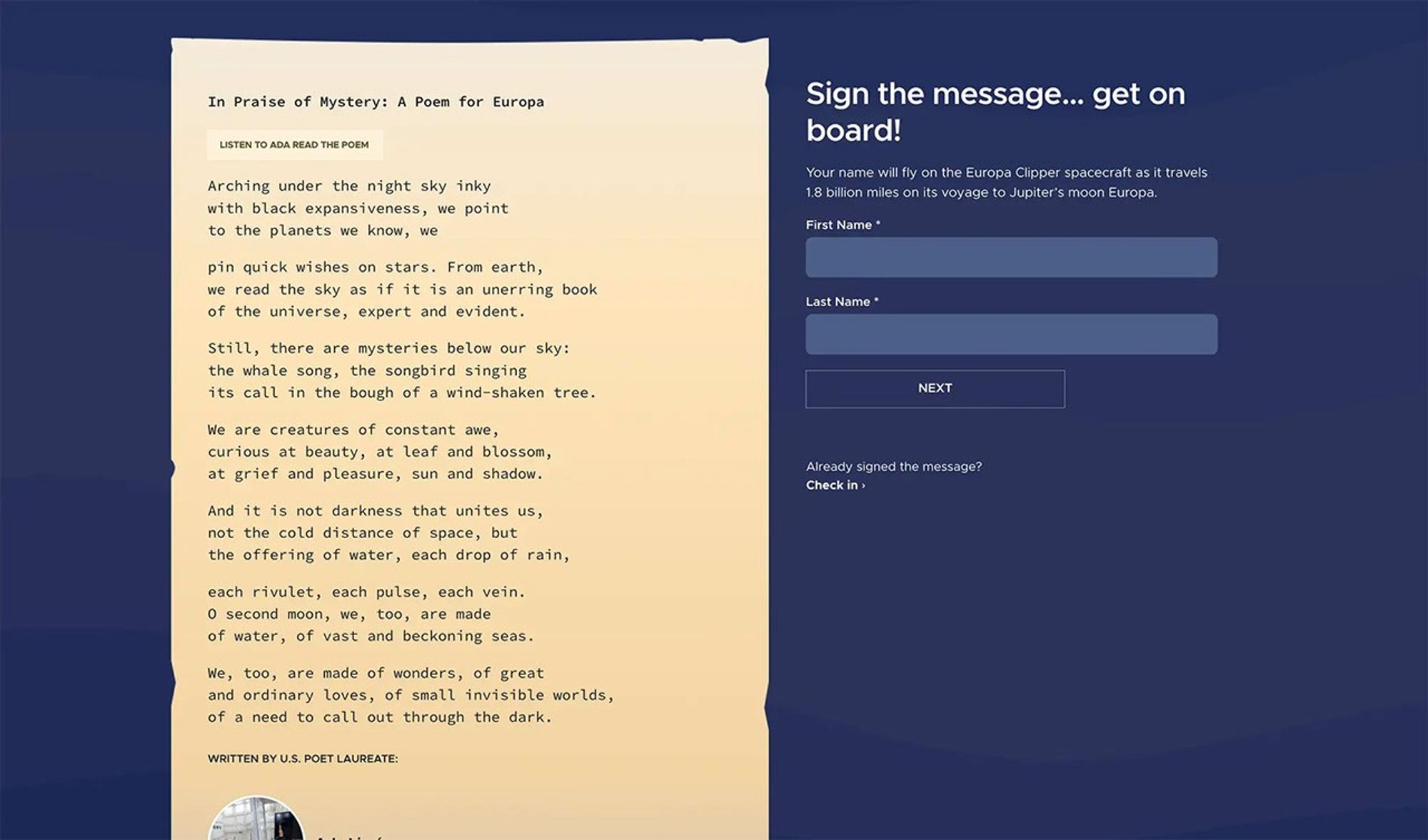 A blue page with a poem on the left side in a yellow-colored box. There also is a place to sign up to send your name to Europa.