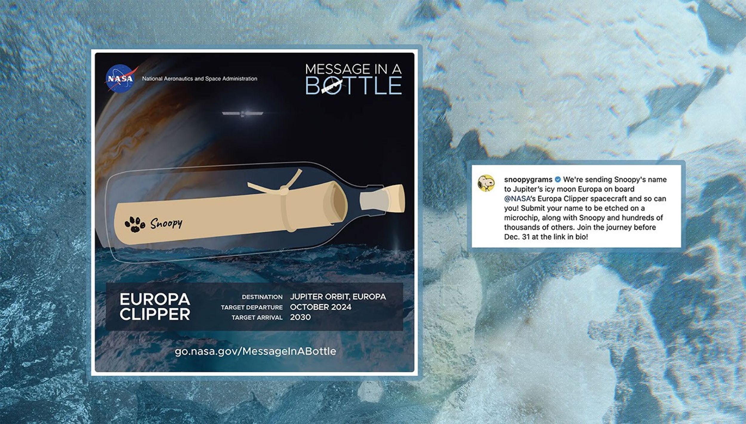 A blue, watery image background with two social media posts on top.