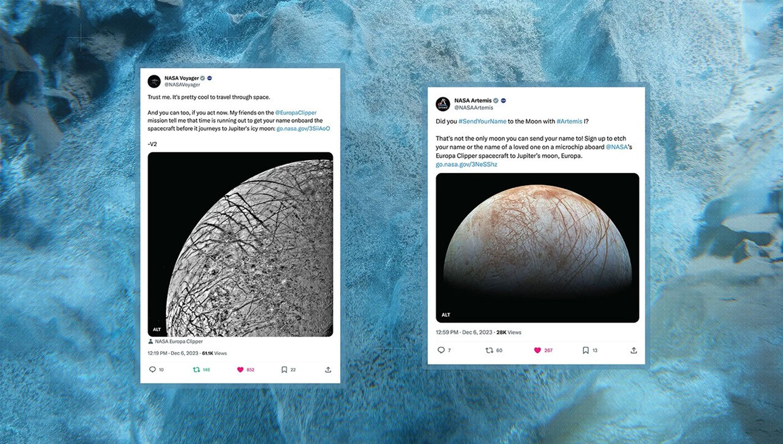 A blue, watery image background with two social media posts on top.