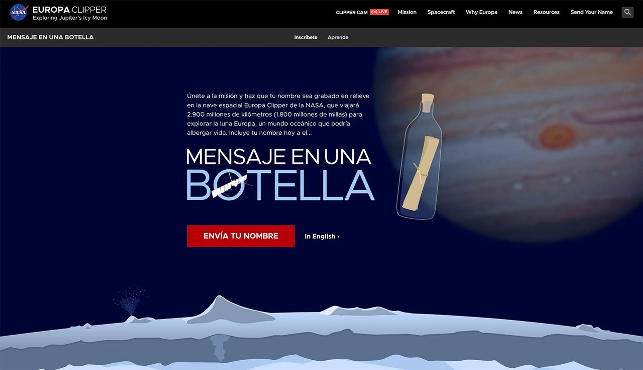 Blue website banner in Spanish with graphics inviting readers to send their names to Europa.