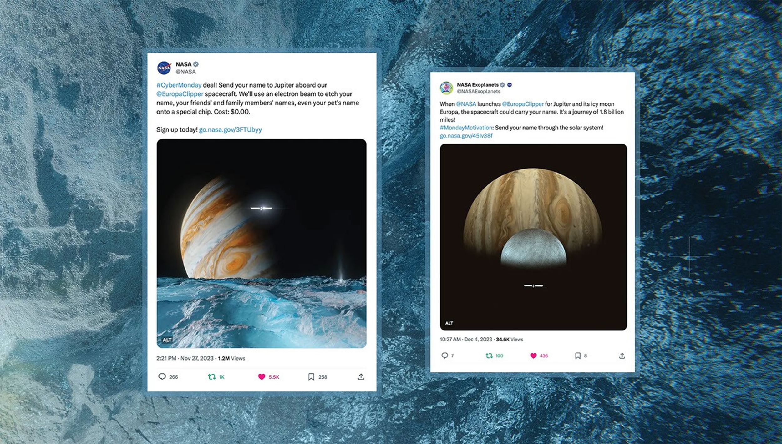 A blue, watery image background with two social media posts on top.