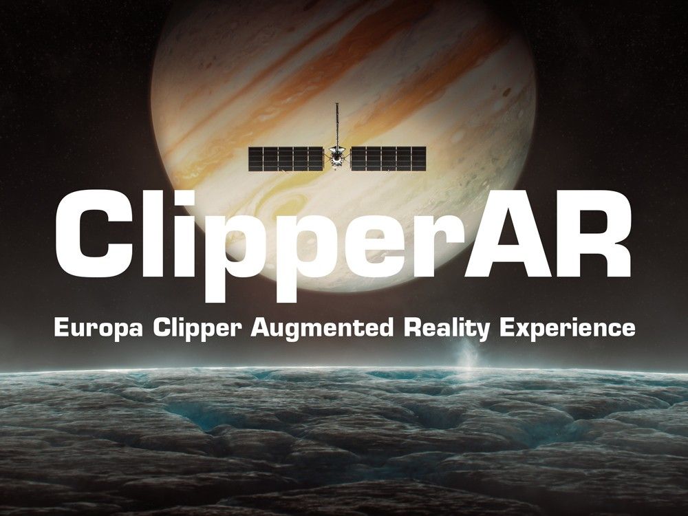 The banner shows the surface of Europa taking up the lower third of the image, icy white and blue, with a small white plume erupting on the right side. Jupiter is visible looming in space behind it, at an angle so that Jupiter's bands are extending from the lower left of the planet to the upper right. The Europa Clipper spacecraft is visible in silhouette in front of Jupiter, flying over Europa. Text is overlaid on the image that says
