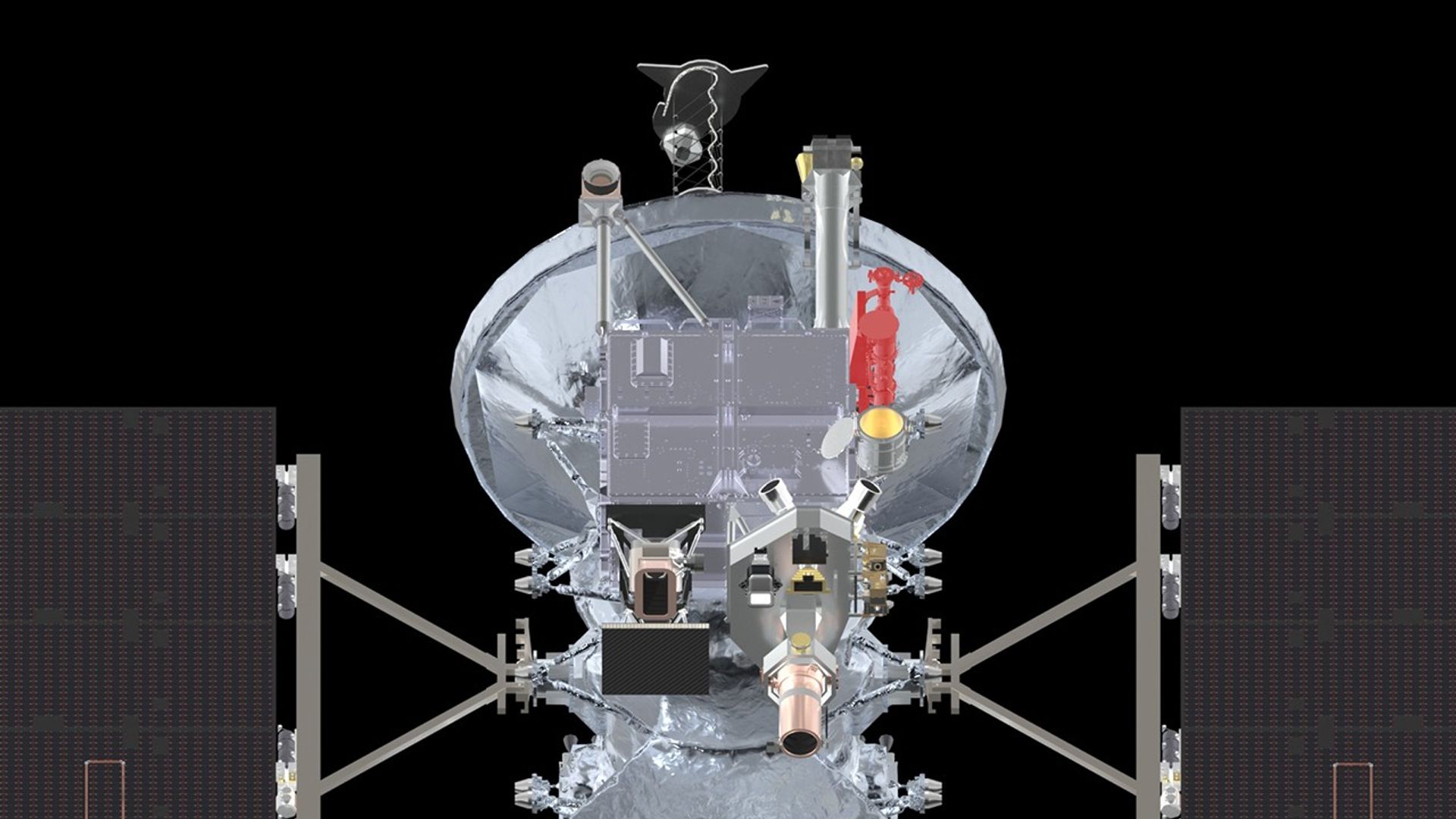 A silver spacecraft against the blackness of space with one instrument highlighted in red.