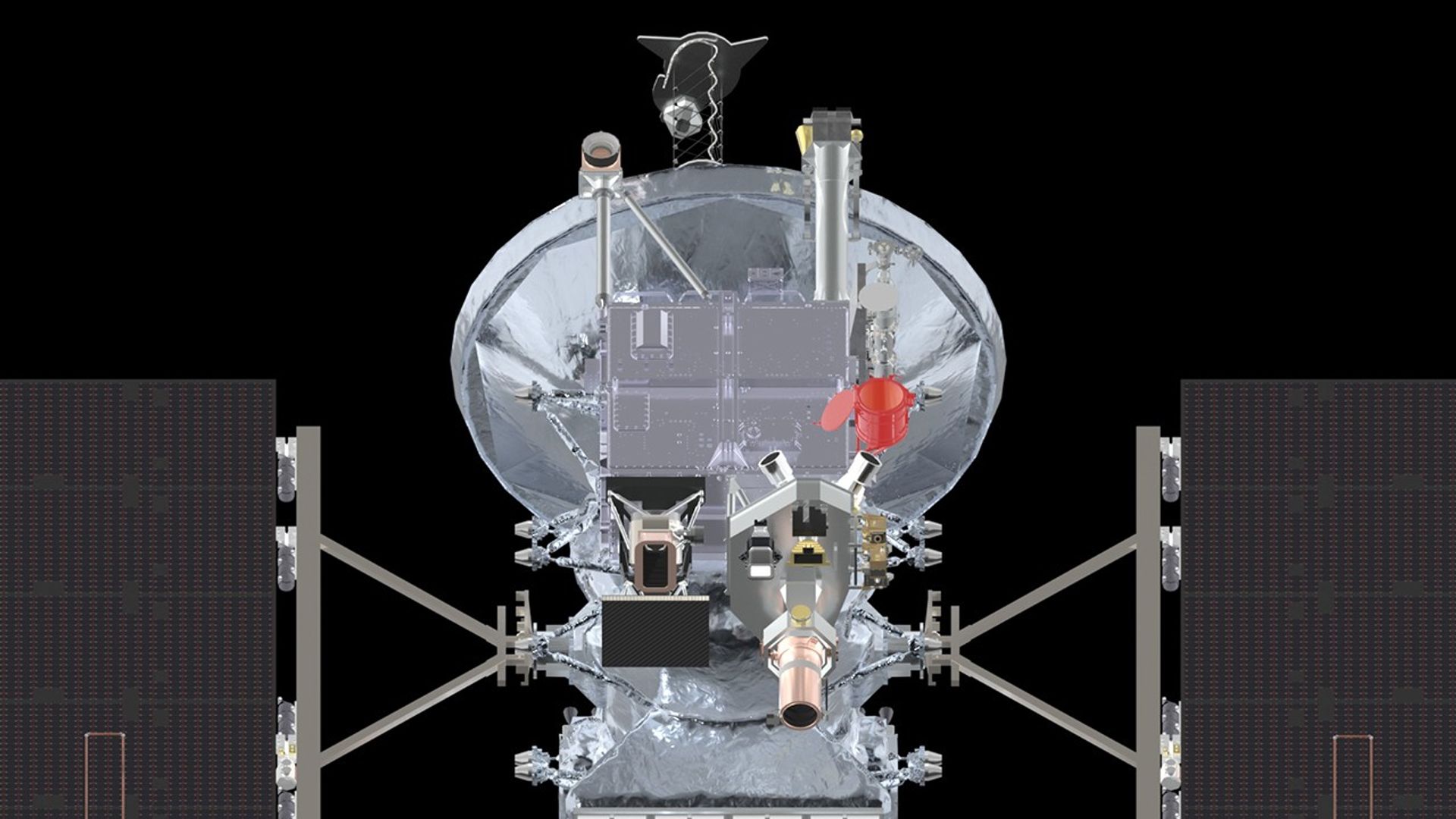 A silver spacecraft against the blackness of space with one instrument highlighted in red.