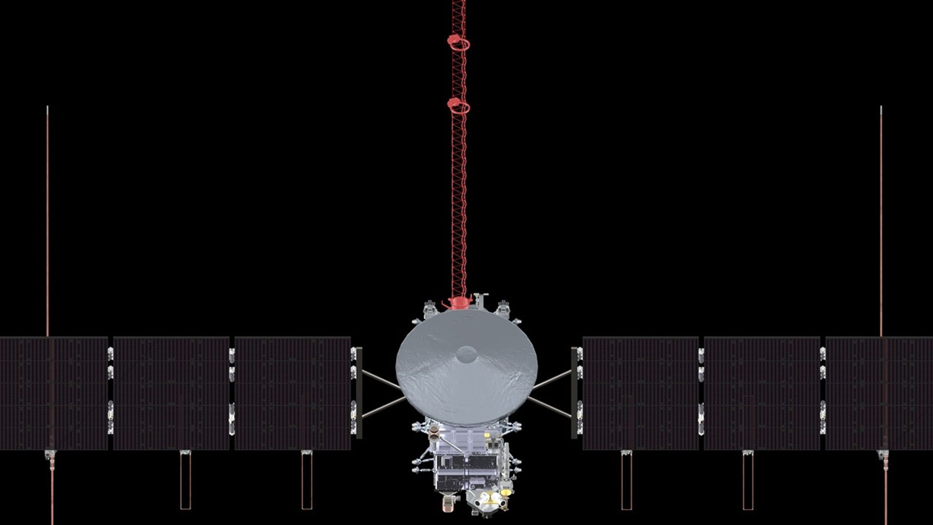 A silver spacecraft against the blackness of space with one instrument highlighted in red.
