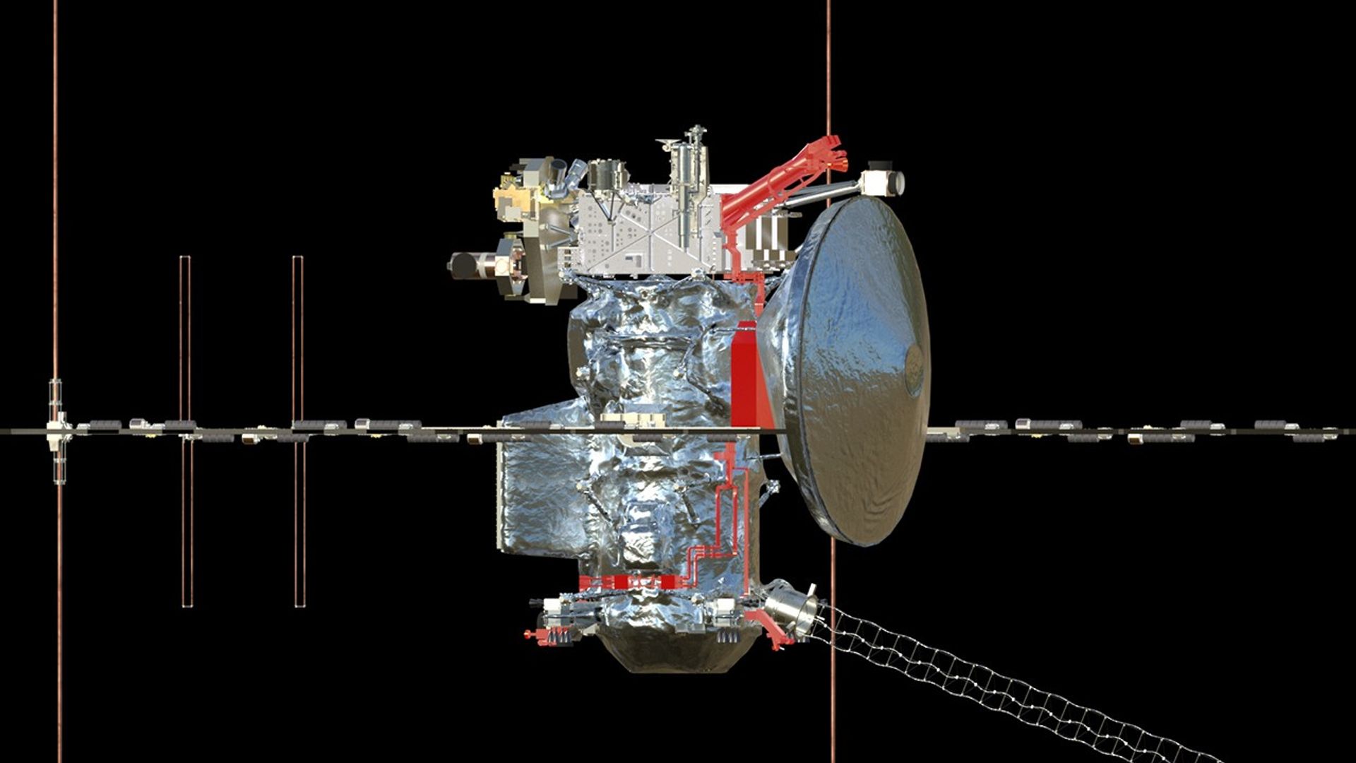 A silver spacecraft against the blackness of space with one instrument highlighted in red.