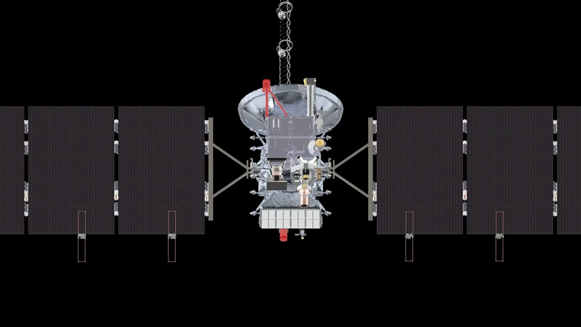 A silver spacecraft against the blackness of space with one instrument highlighted in red.