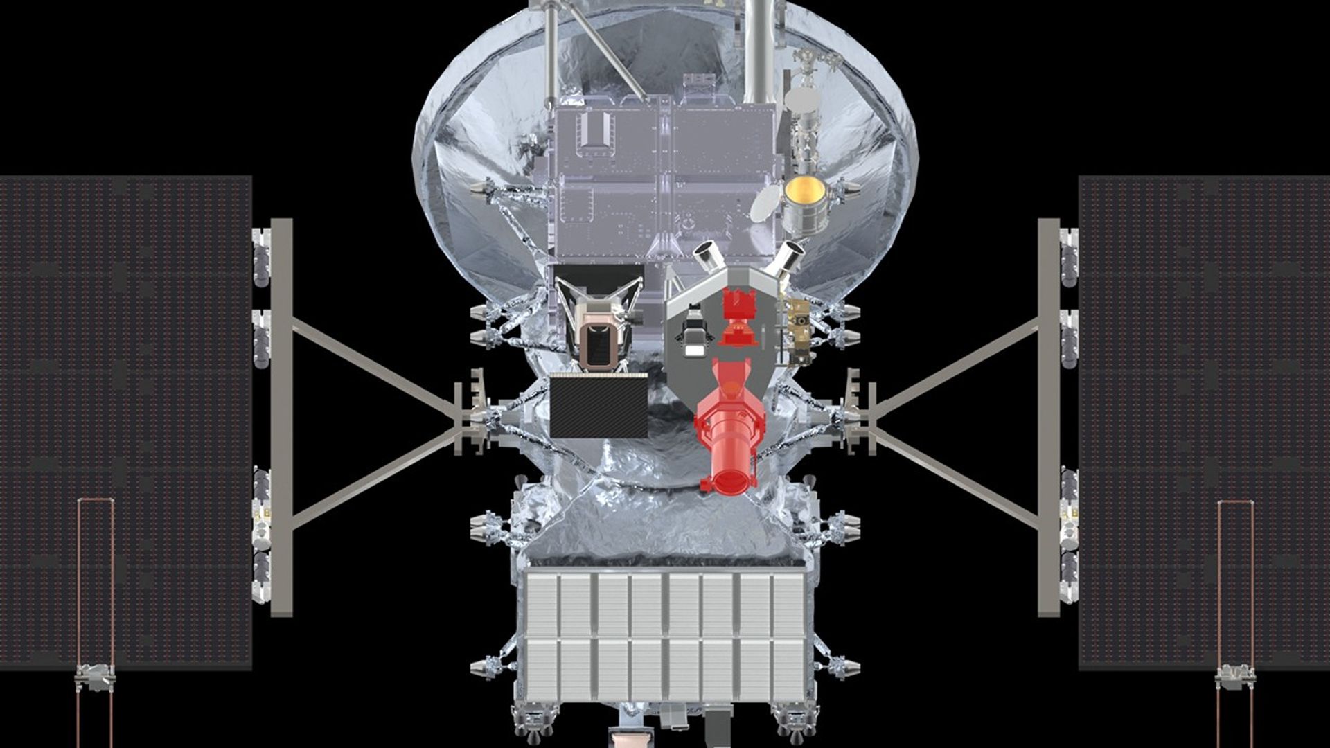 A silver spacecraft against a black background with one image highlighted in red.