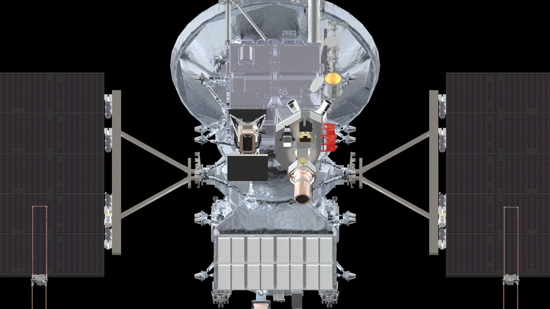 A silver spacecraft against the blackness of space with one instrument highlighted in red.