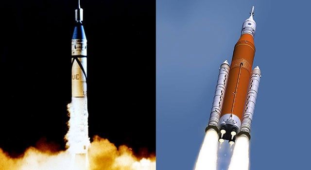 This side-by-side comparison image contrasts the historical 1958 launch of the Jupiter-C rocket carrying the Explorer 1 satellite with an artist's illustration of the modern Space Launch System (SLS) rocket. On the left, the slender Jupiter-C ascends against a dark night sky, shrouded in white smoke at its base. On the right, the massive, orange-colored SLS is shown in flight against a bright blue sky, powered by large boosters and a four-engine core stage.